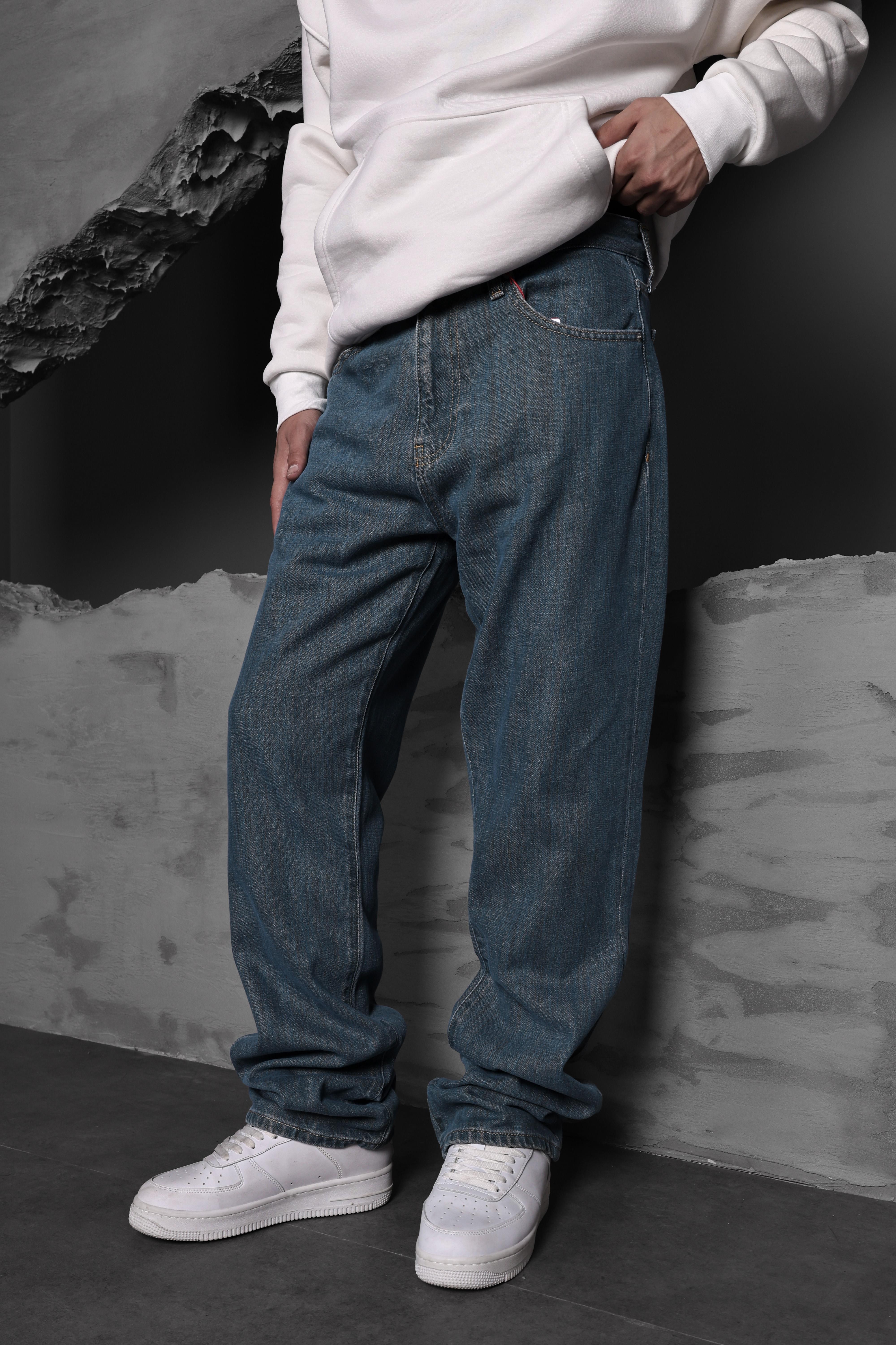 Erkek Mavi Yıkamalı Baggy Pantolon