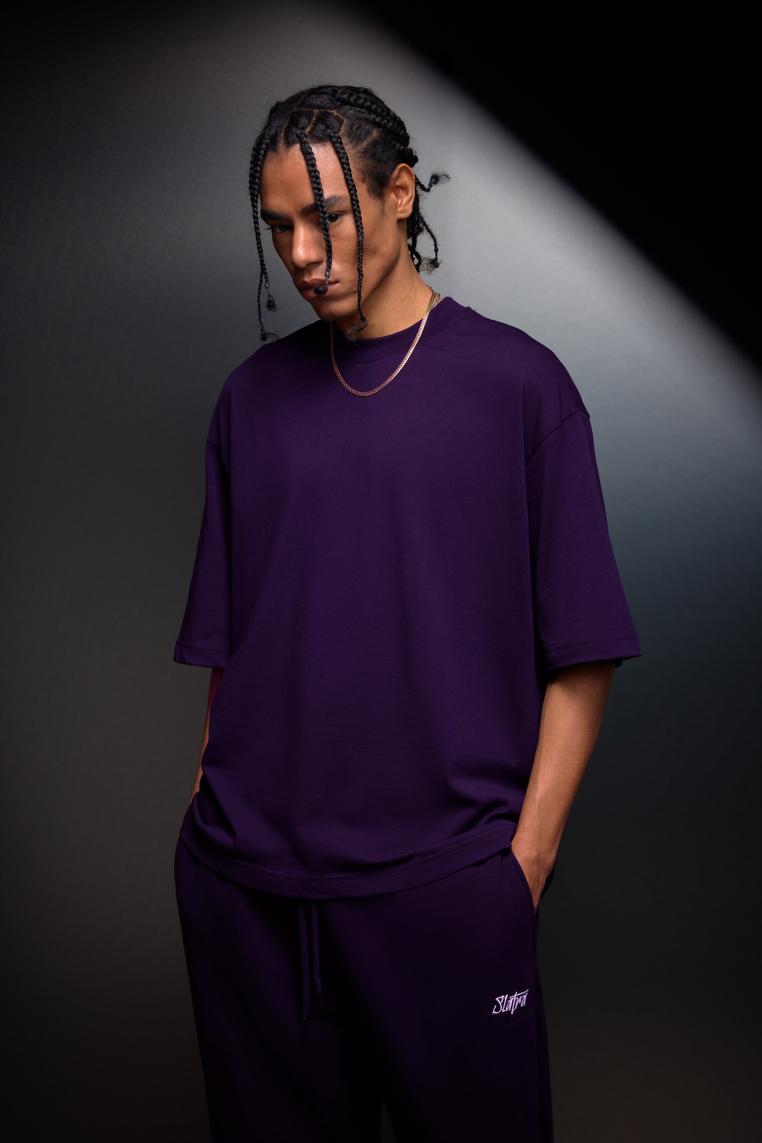 Erkek Mor Oversize Basic Tshirt