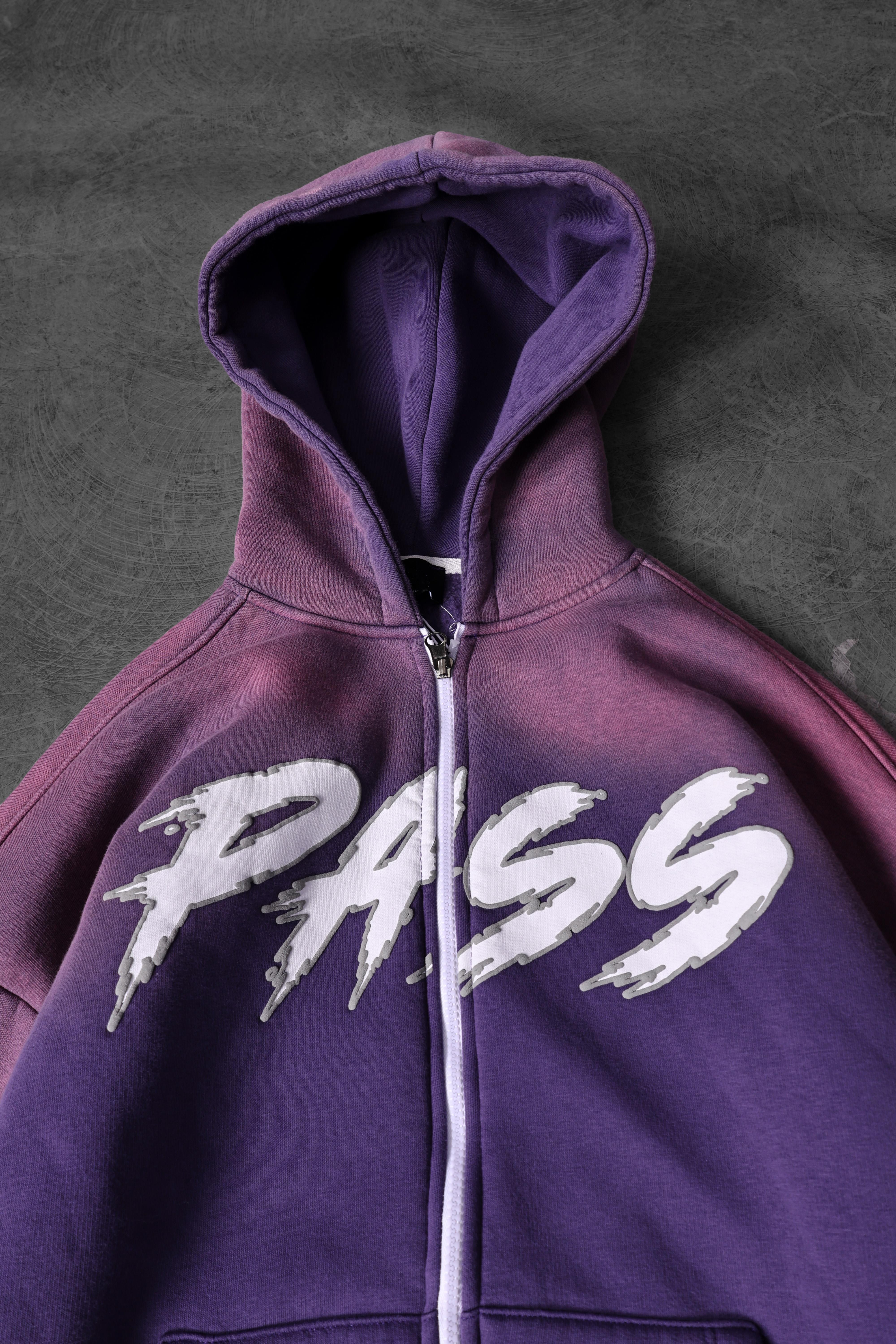 Erkek Mor Pass Full Zip Özel Yıkamalı Oversize Kapüşonlu Sweatshirt