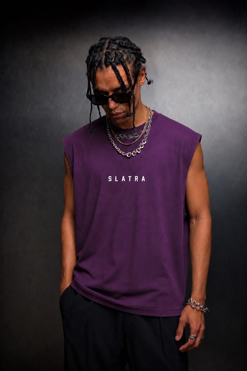 Erkek Mürdüm Basic Sıfır Kol Oversize Tshirt