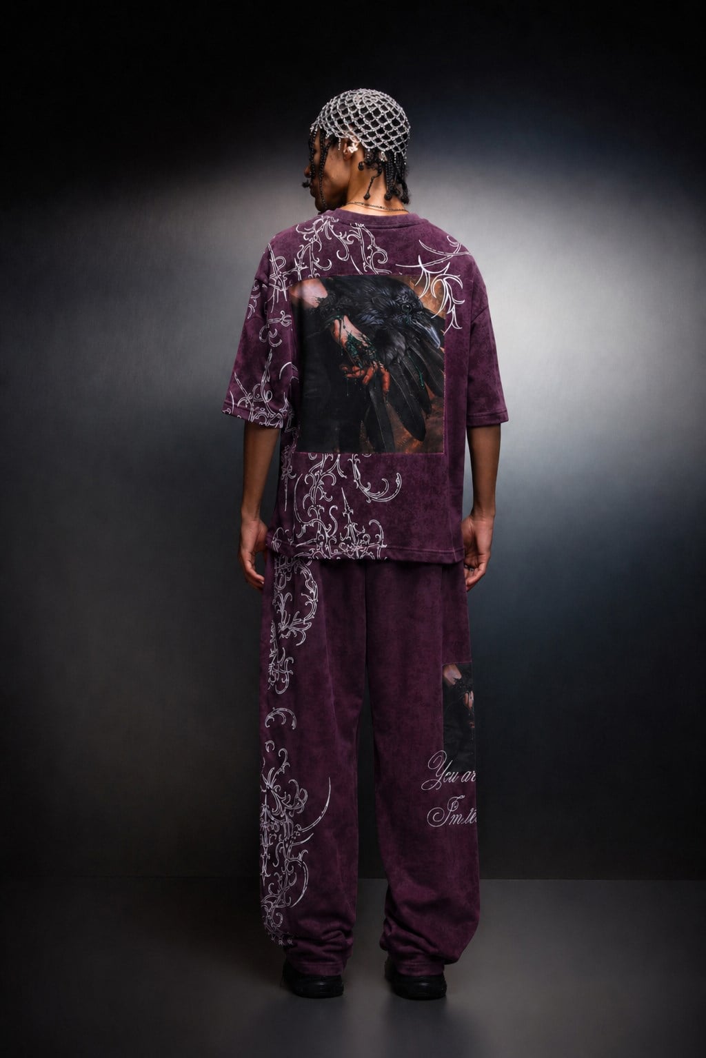 Erkek Mürdüm Crow Patch Yıkama Efektli Baggy Eşofman