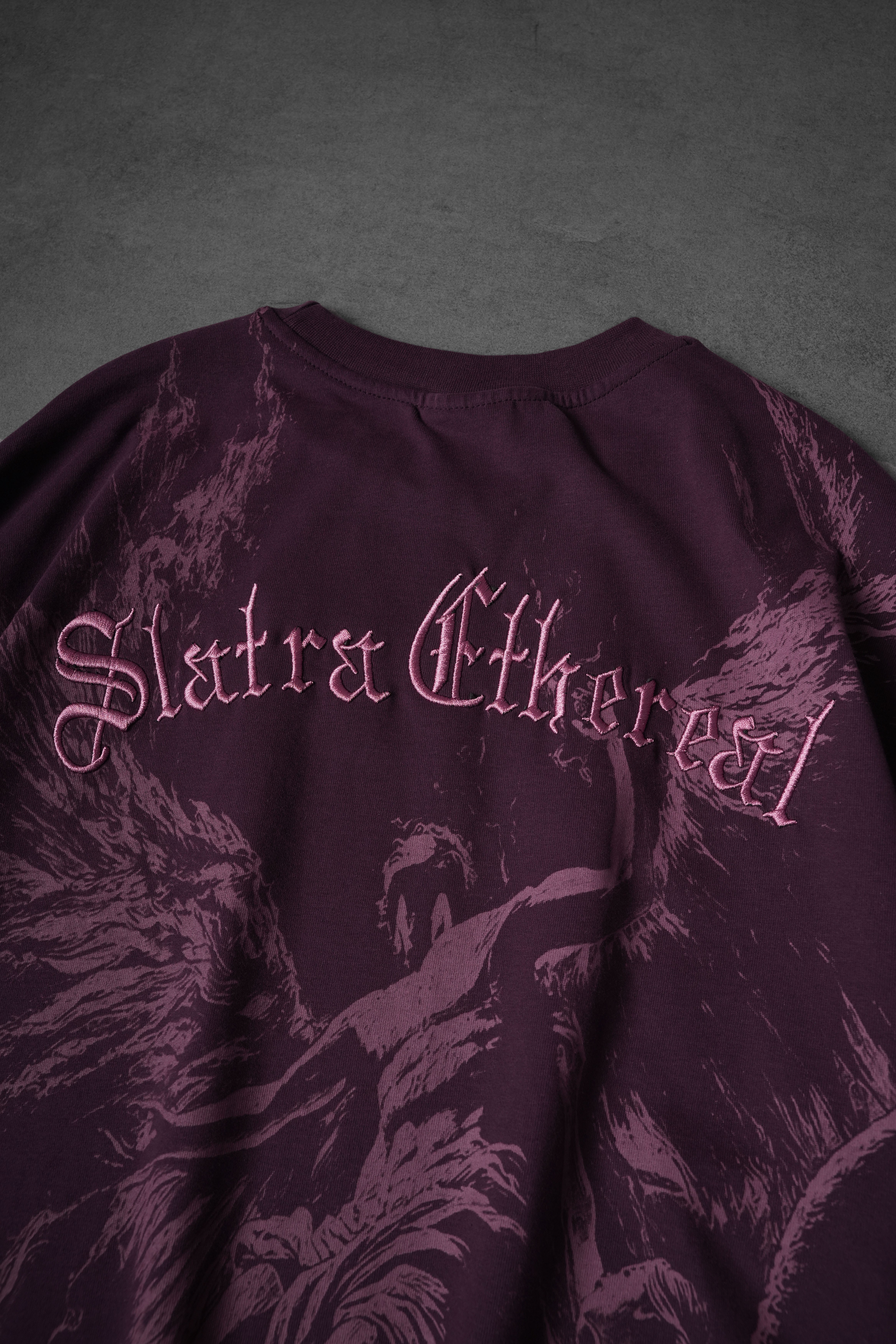 Erkek Mürdüm Ethereal Nakış Oversize Tshirt