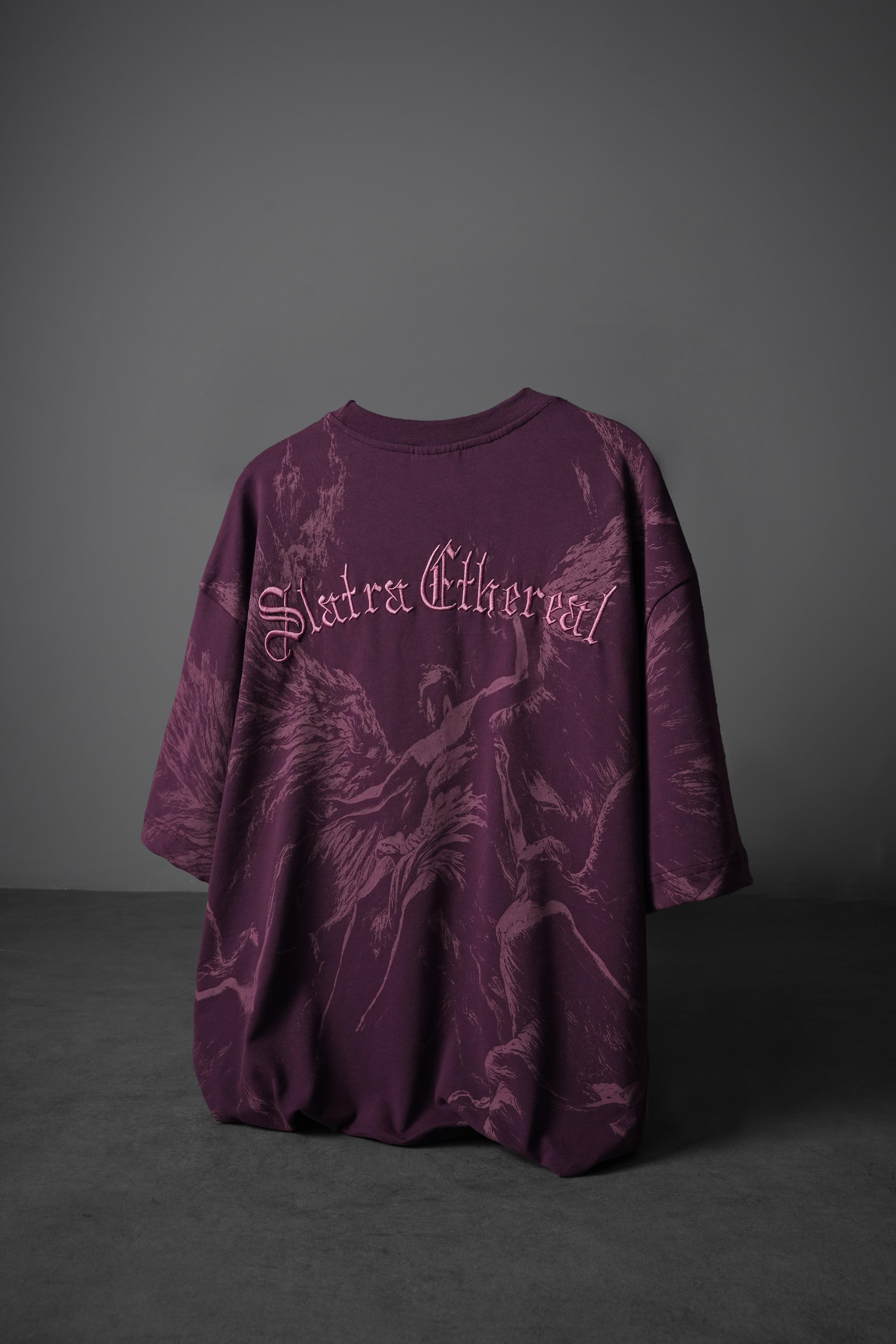 Erkek Mürdüm Ethereal Nakış Oversize Tshirt