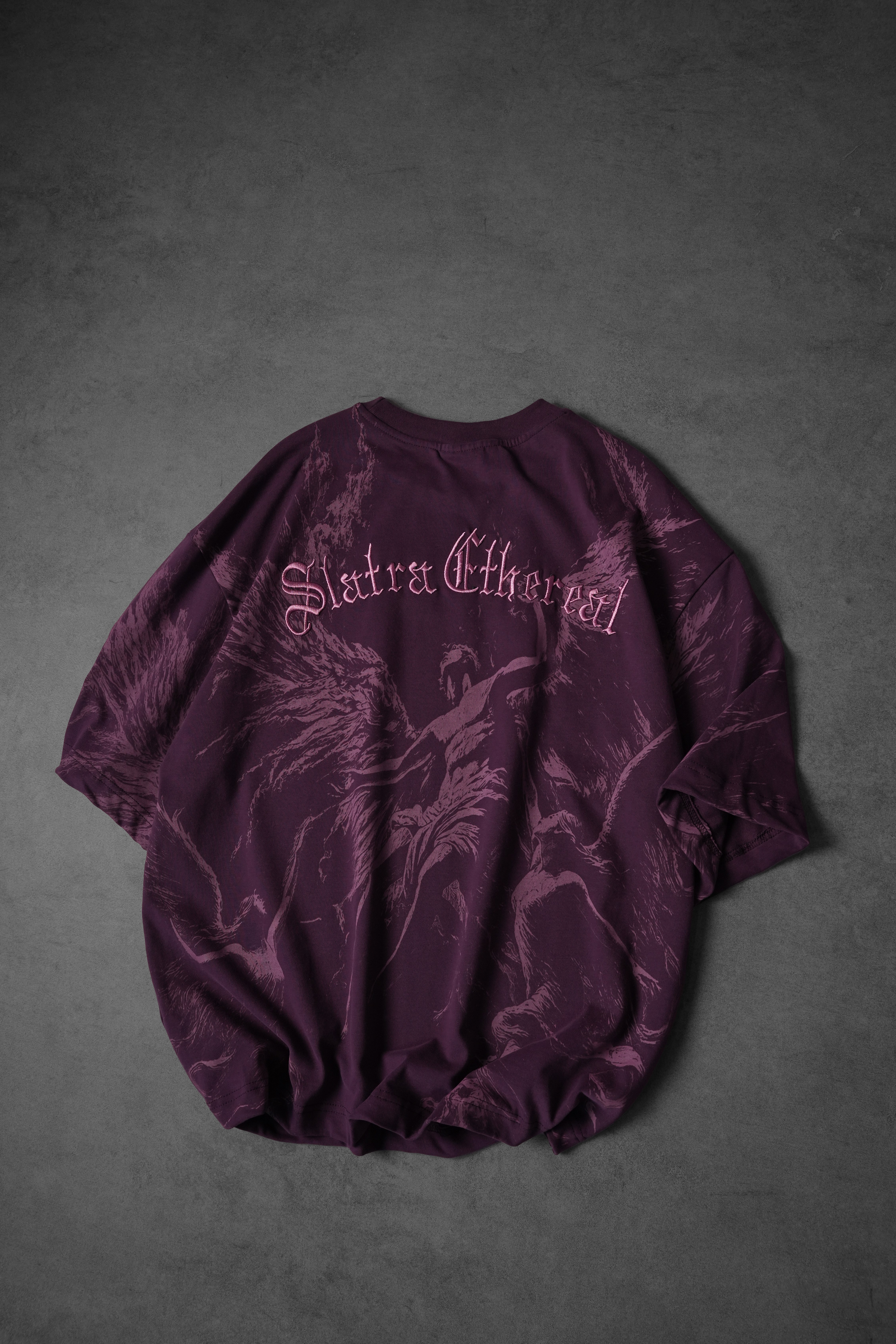 Erkek Mürdüm Ethereal Nakış Oversize Tshirt