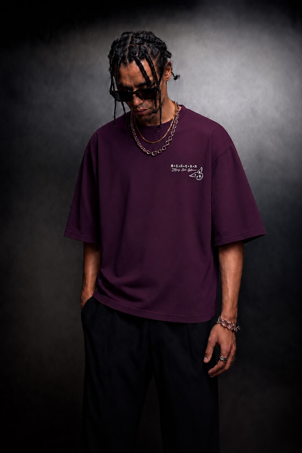 Erkek Mürdüm Heavy Kabartma Baskı Oversize Tshirt
