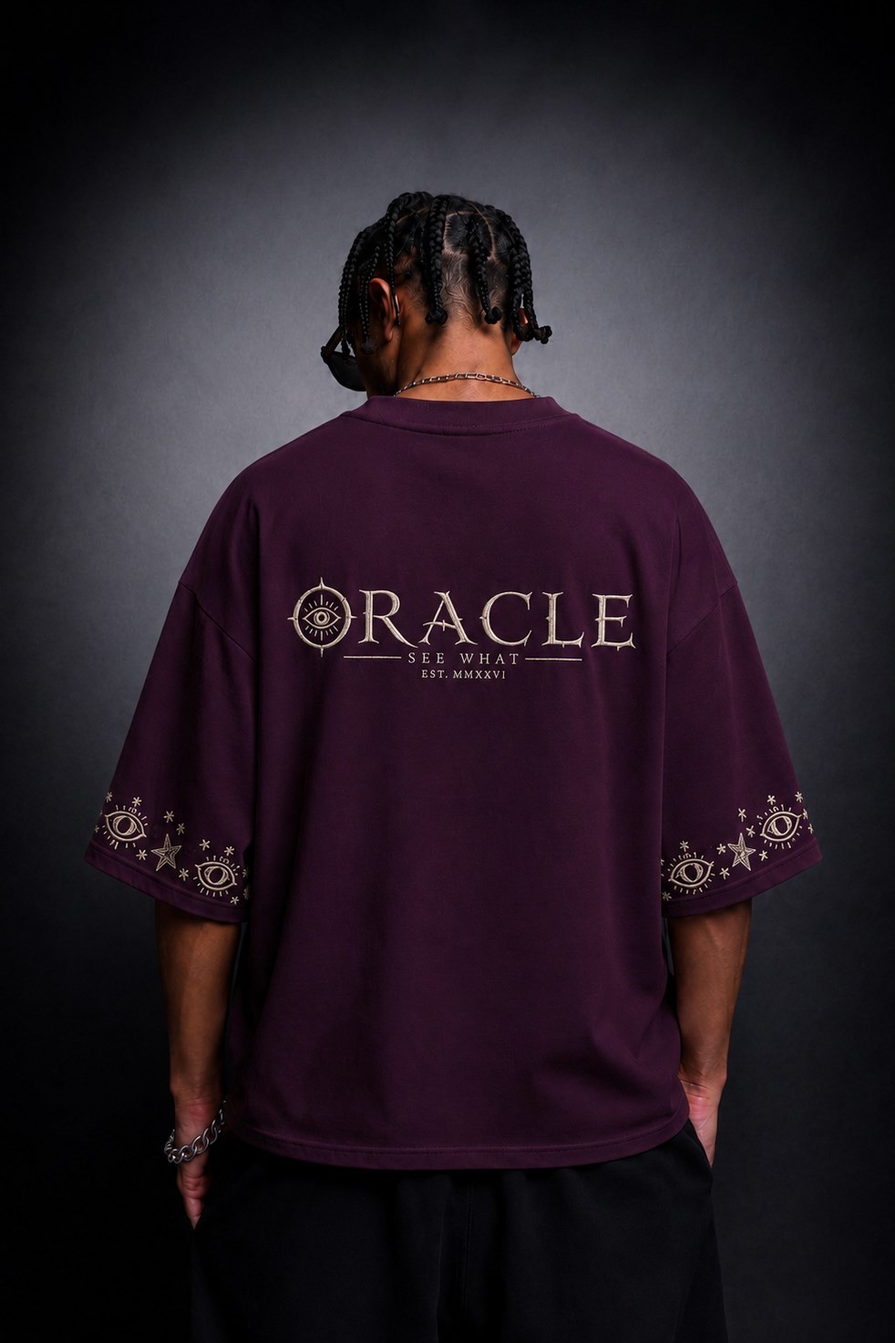Erkek Mürdüm Oracle Nakışlı Oversize Tshirt
