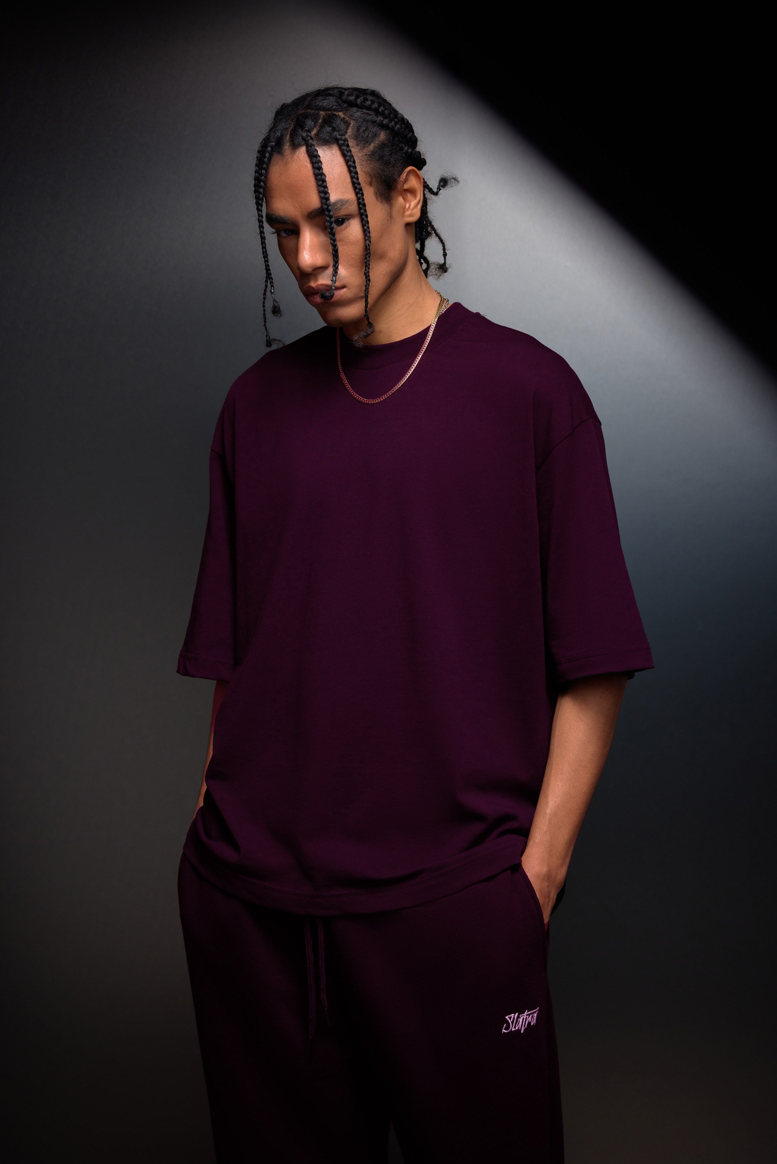Erkek Mürdüm Oversize Basic Tshirt