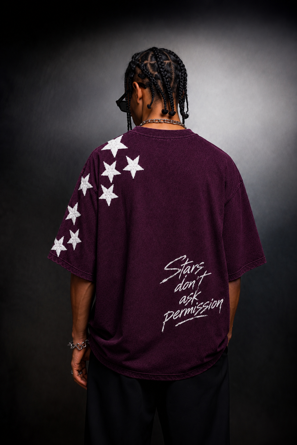 Erkek Mürdüm  Permission Aplike Nakışlı Oversize Tshirt