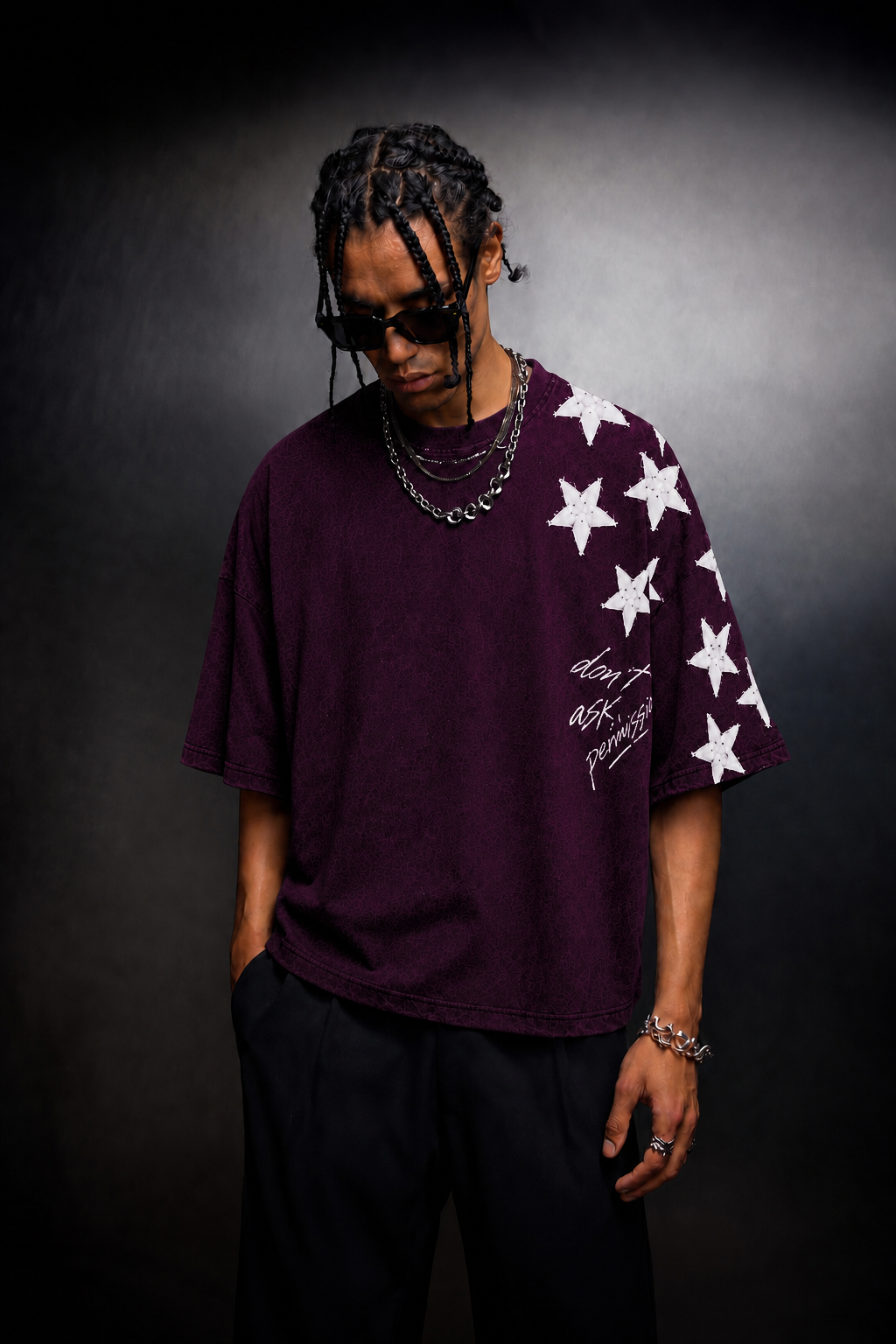 Erkek Mürdüm  Permission Aplike Nakışlı Oversize Tshirt