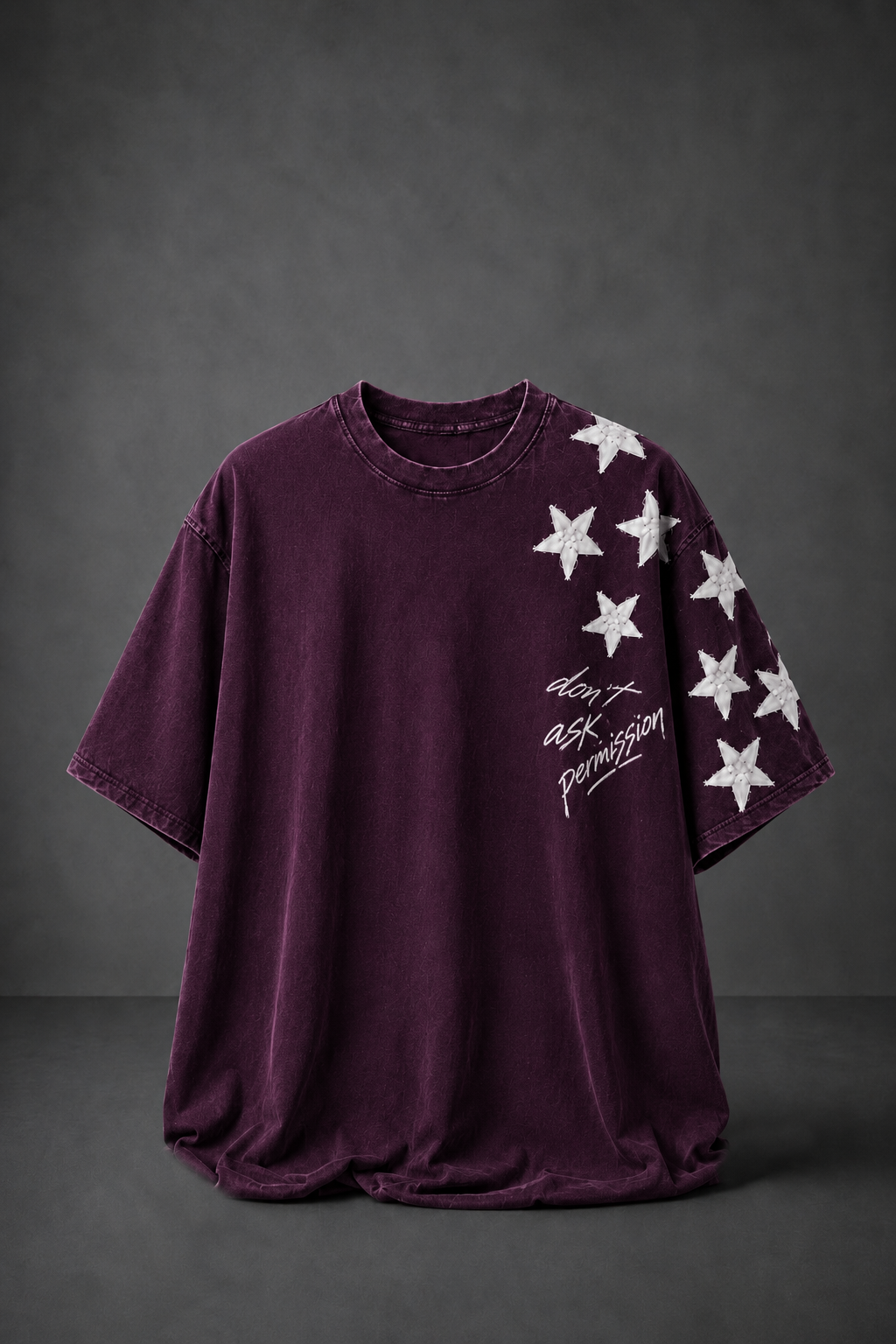 Erkek Mürdüm  Permission Aplike Nakışlı Oversize Tshirt