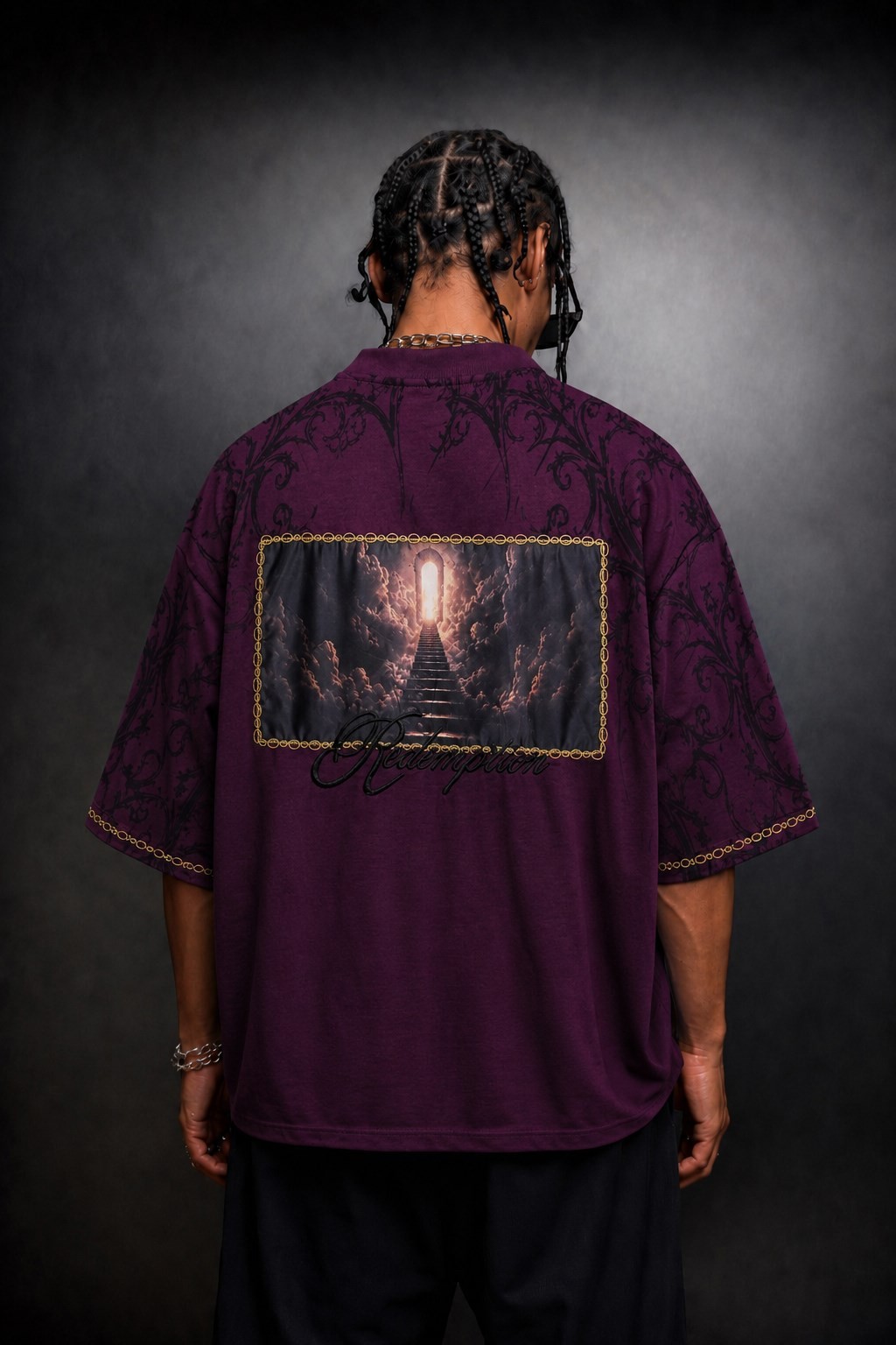 Erkek Mürdüm Redemption Patchli Baskılı Oversize Tshirt
