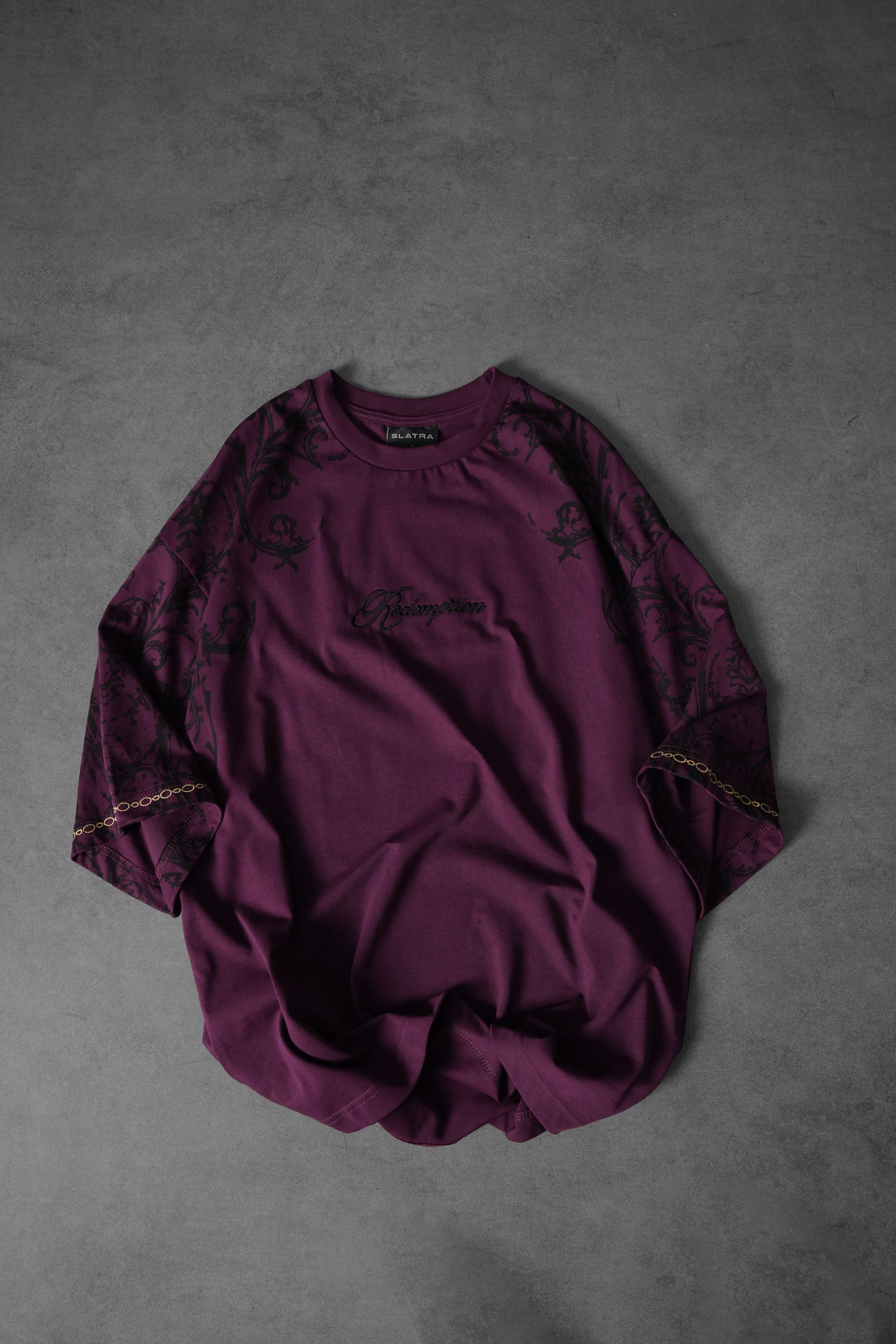 Erkek Mürdüm Redemption Patchli Baskılı Oversize Tshirt