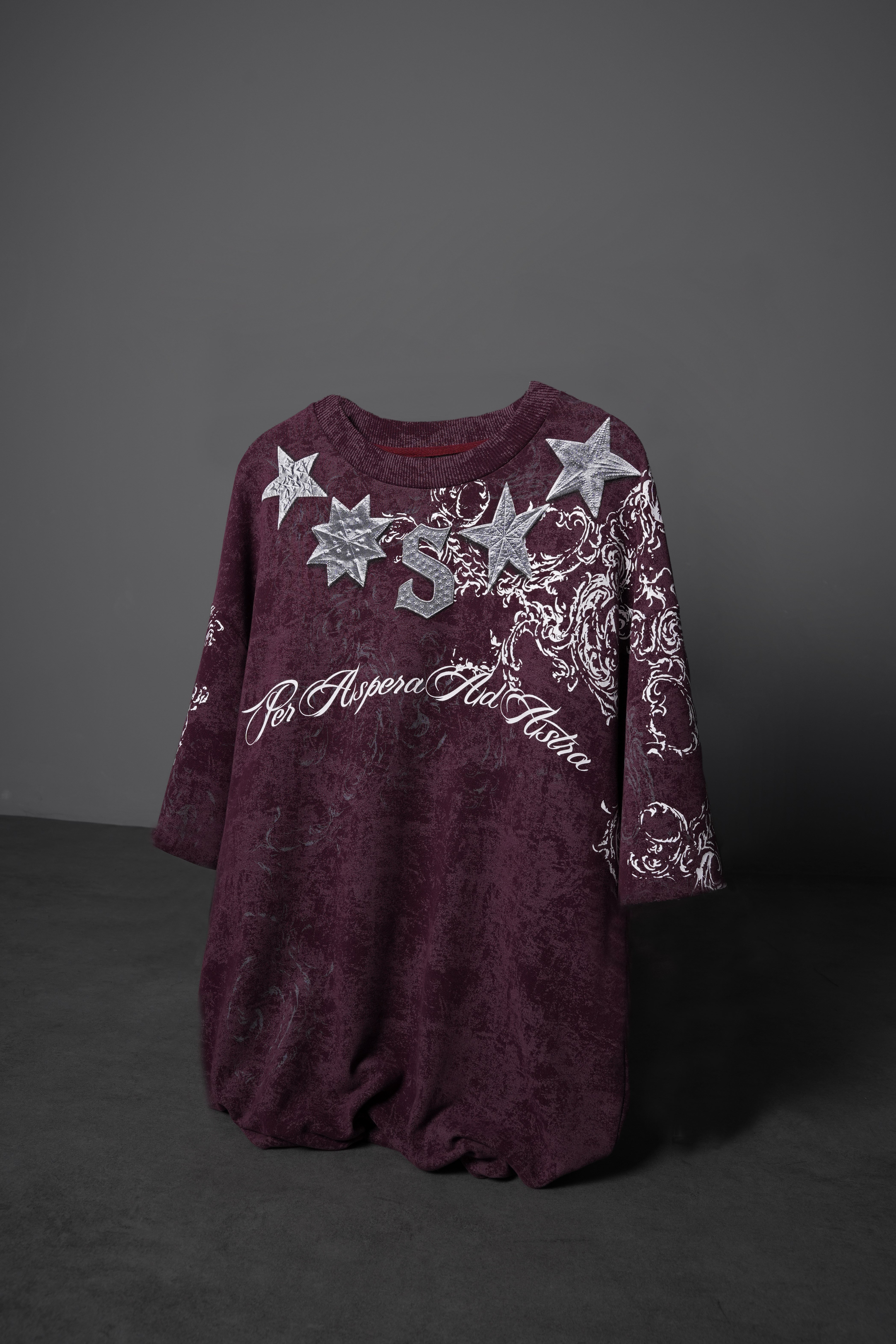 Erkek Mürdüm SuperStar Baskılı Oversize Yıkama Efektli Tshirt