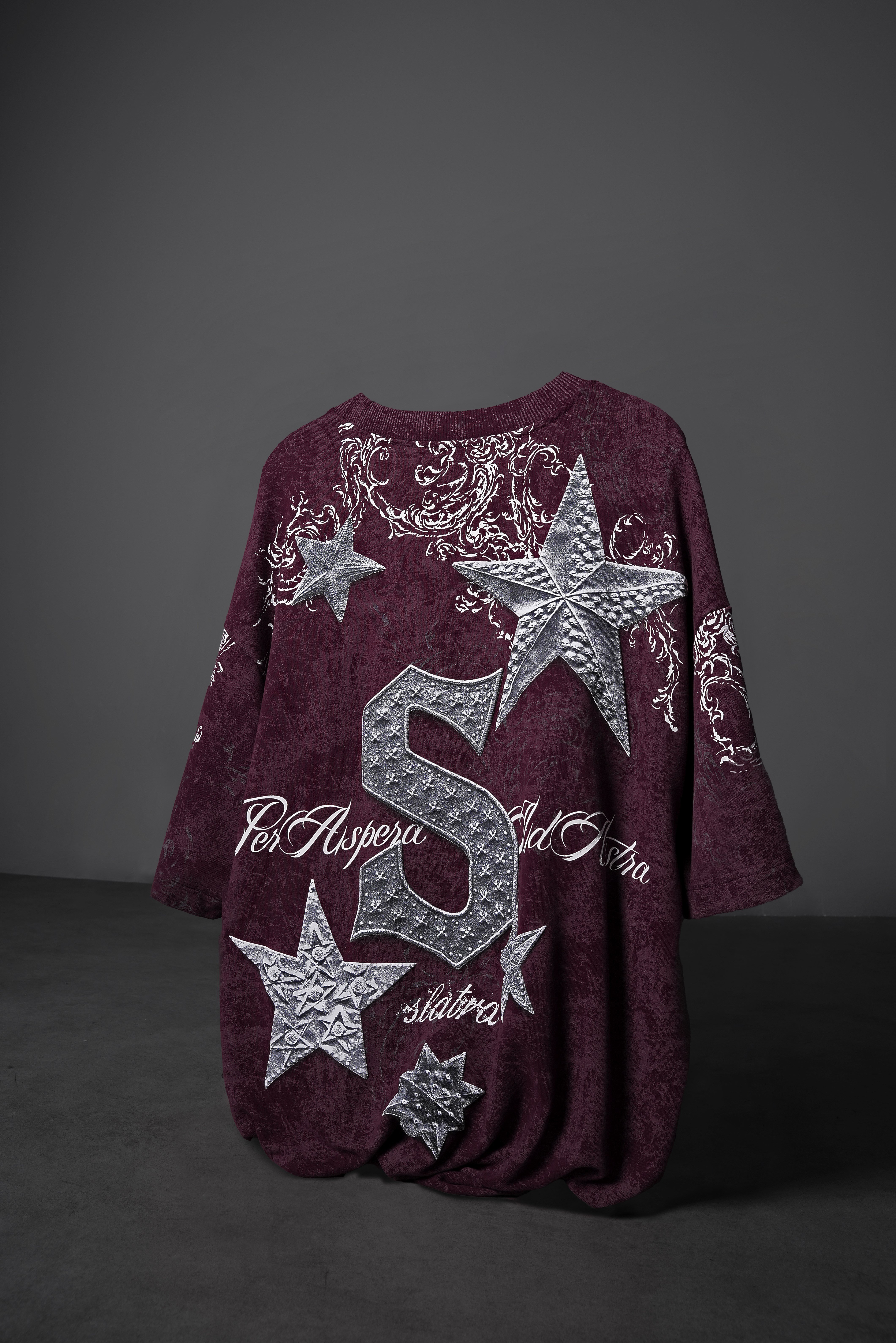Erkek Mürdüm SuperStar Baskılı Oversize Yıkama Efektli Tshirt