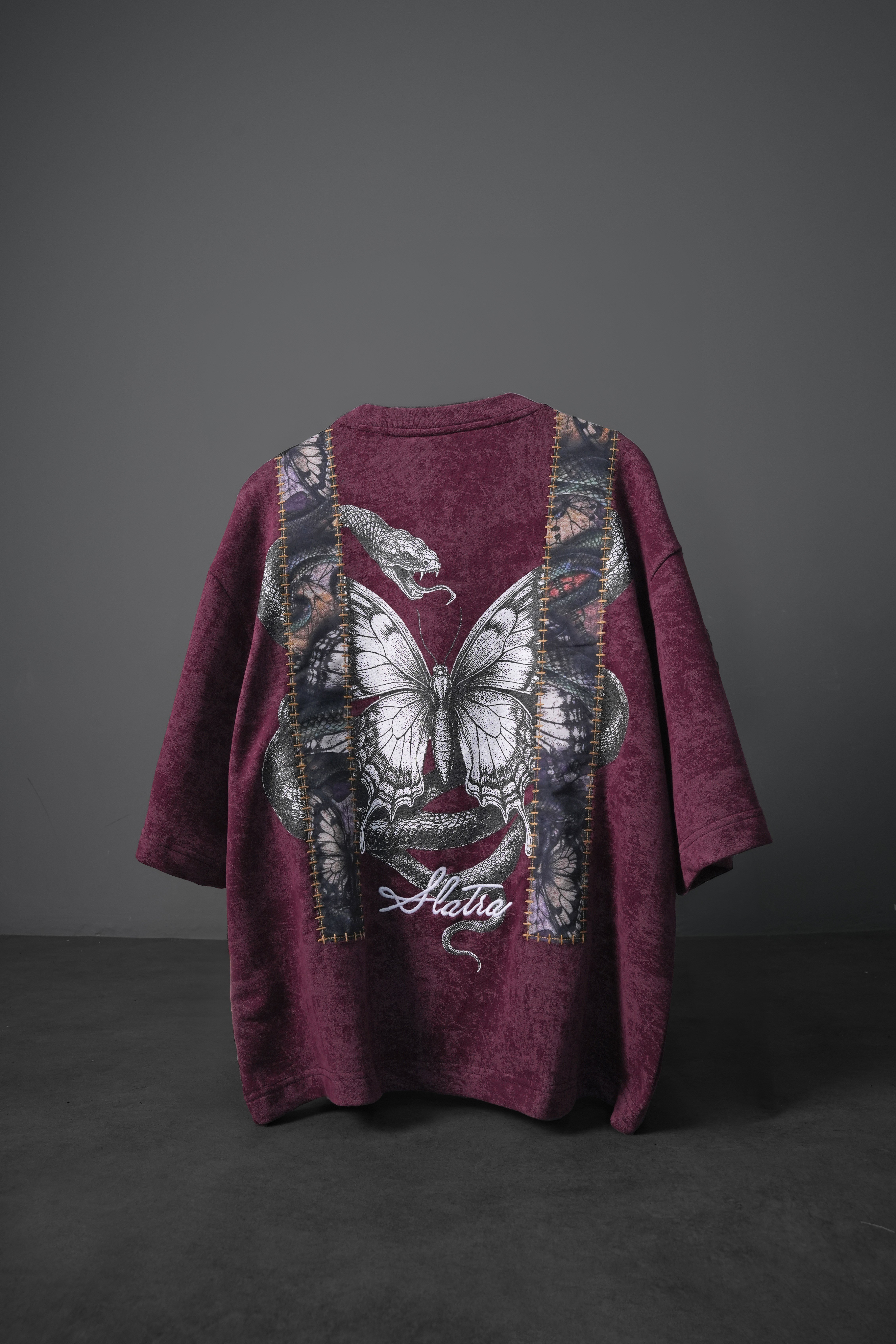 Erkek Mürdüm Trace Patch Box Fit Yıkama Efektli Tshirt