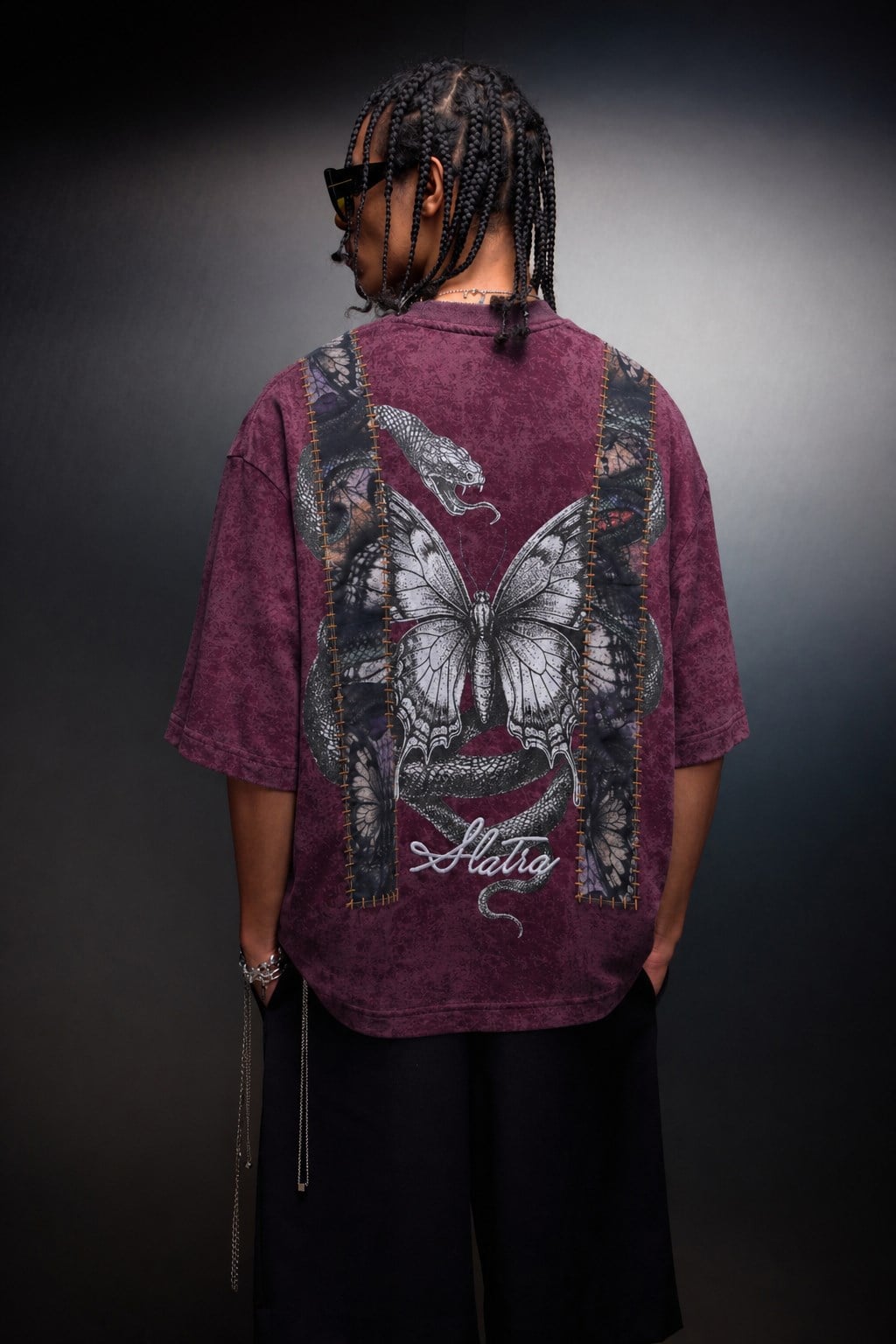 Erkek Mürdüm Trace Patch Box Fit Yıkama Efektli Tshirt