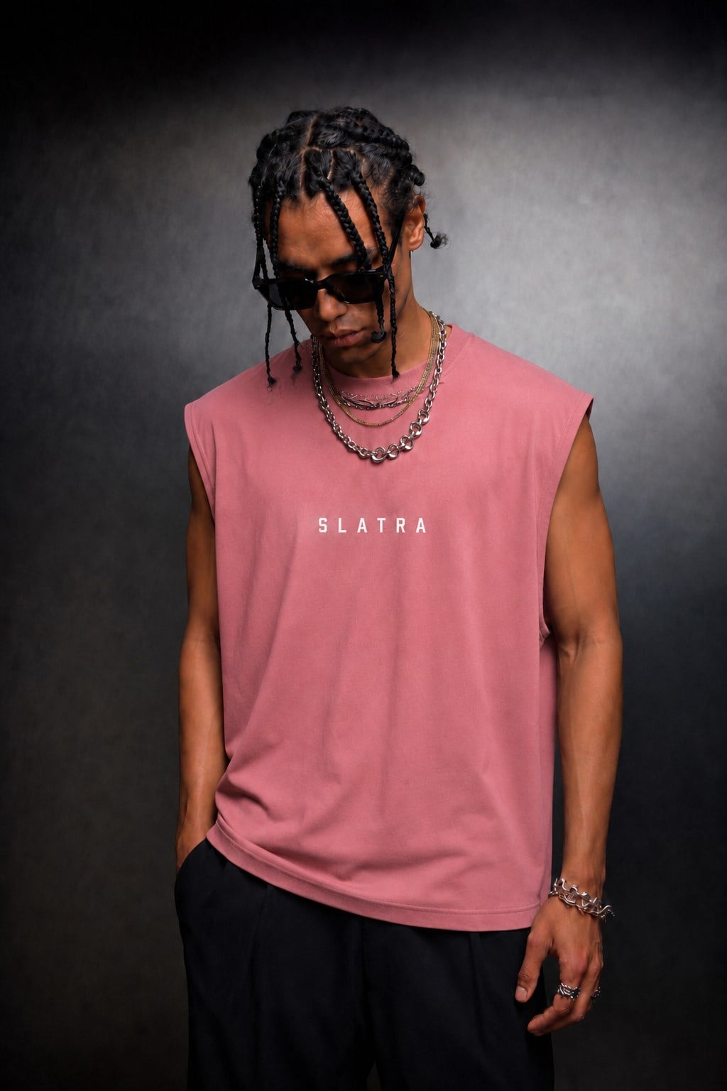 Erkek Pembe Basic Sıfır Kol Oversize Tshirt