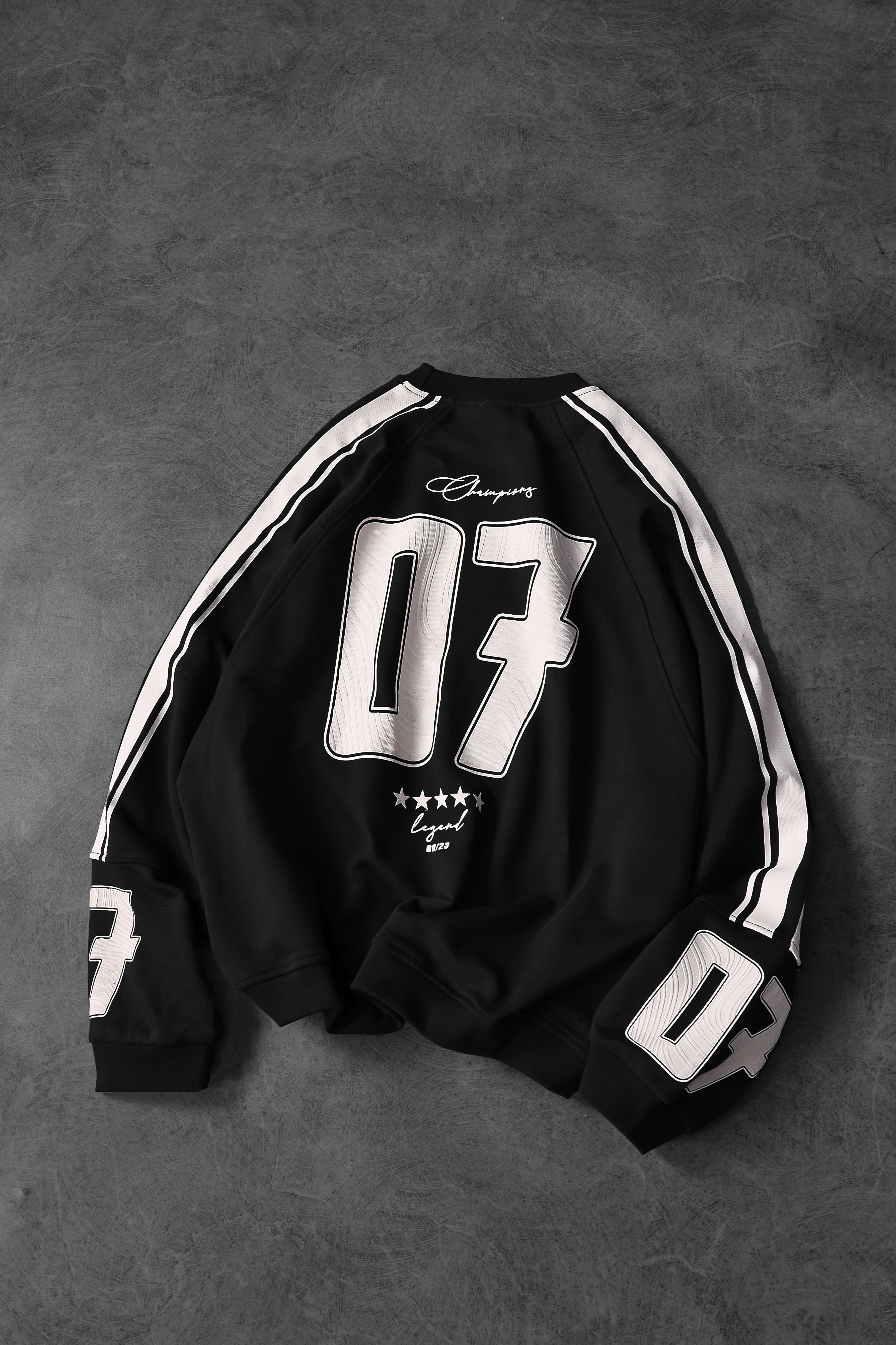 Erkek Siyah 07 Champions Baskılı Oversize Sweatshirt