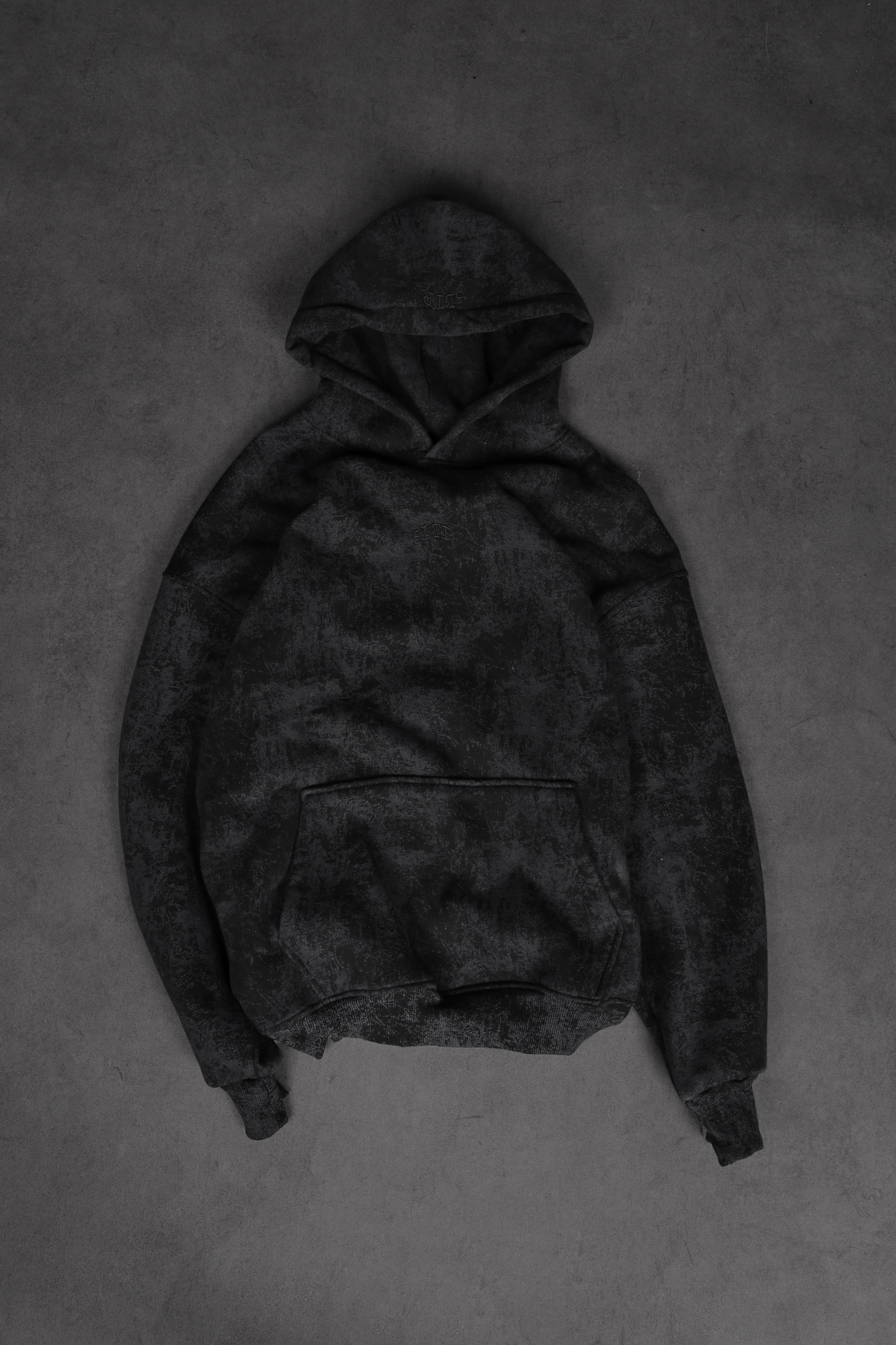 Erkek Siyah Antik Desen Nakışlı Yıkamalı Oversize Kapüşonlu Sweatshirt
