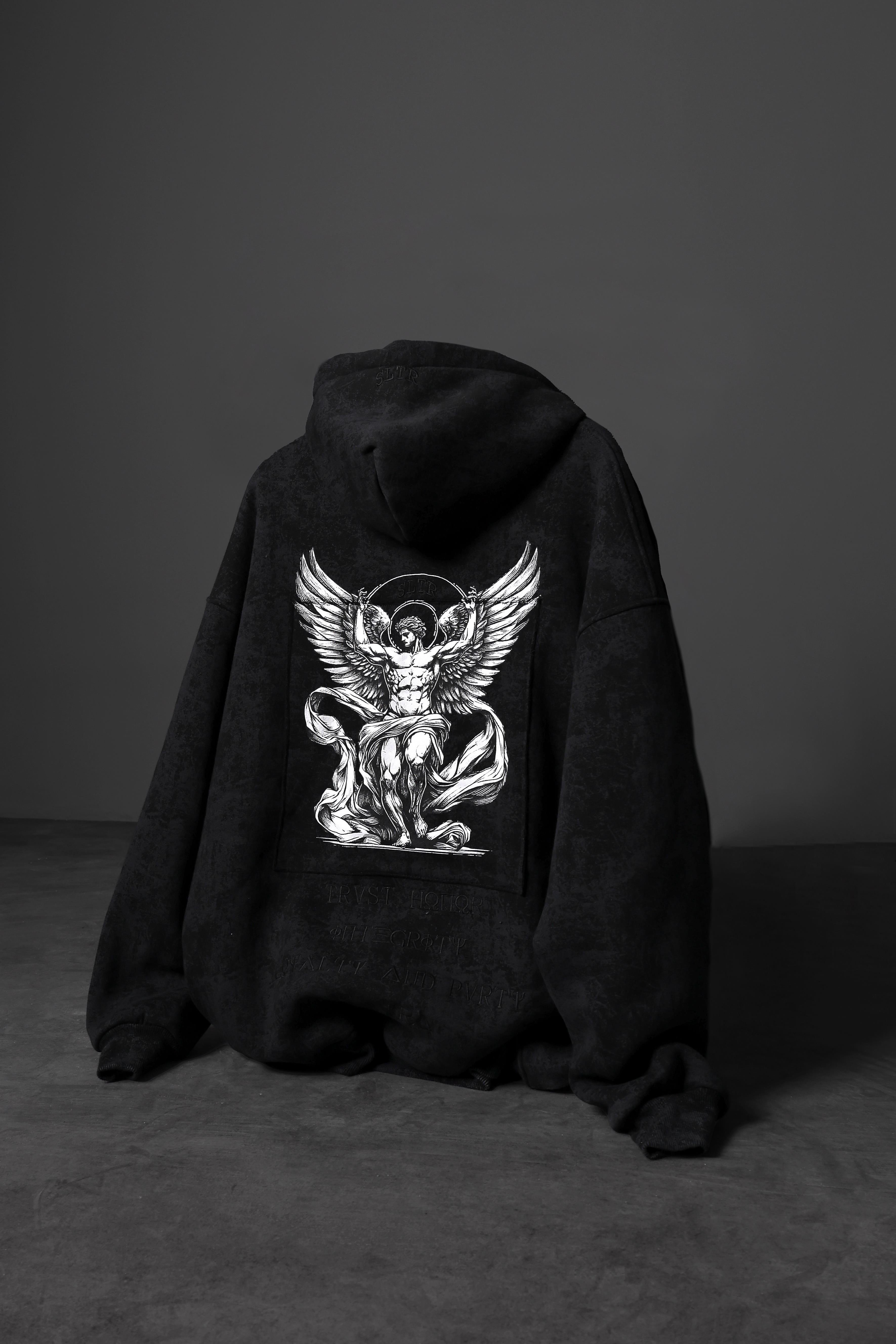 Erkek Siyah Antik Desen Nakışlı Yıkamalı Oversize Kapüşonlu Sweatshirt