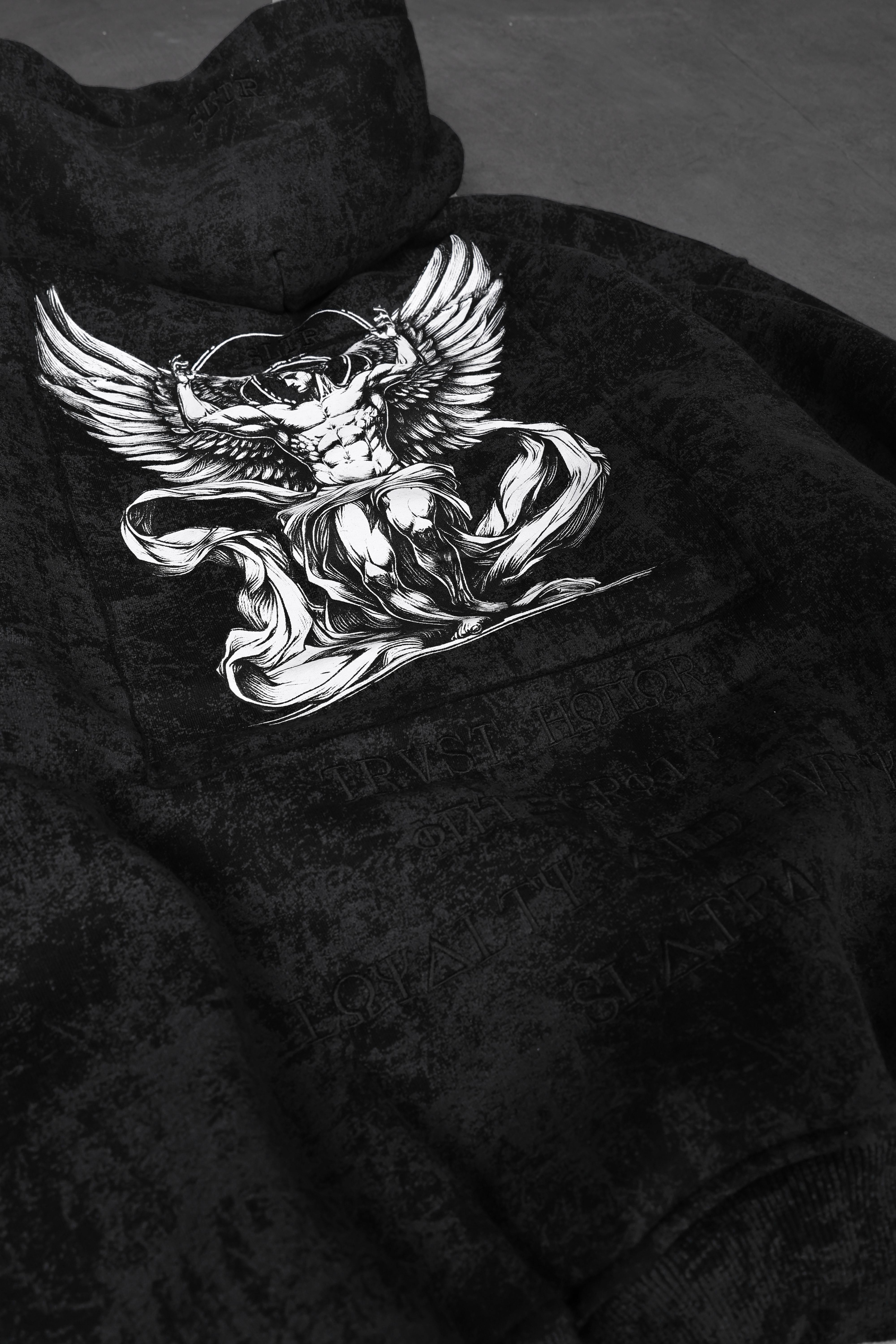 Erkek Siyah Antik Desen Nakışlı Yıkamalı Oversize Kapüşonlu Sweatshirt