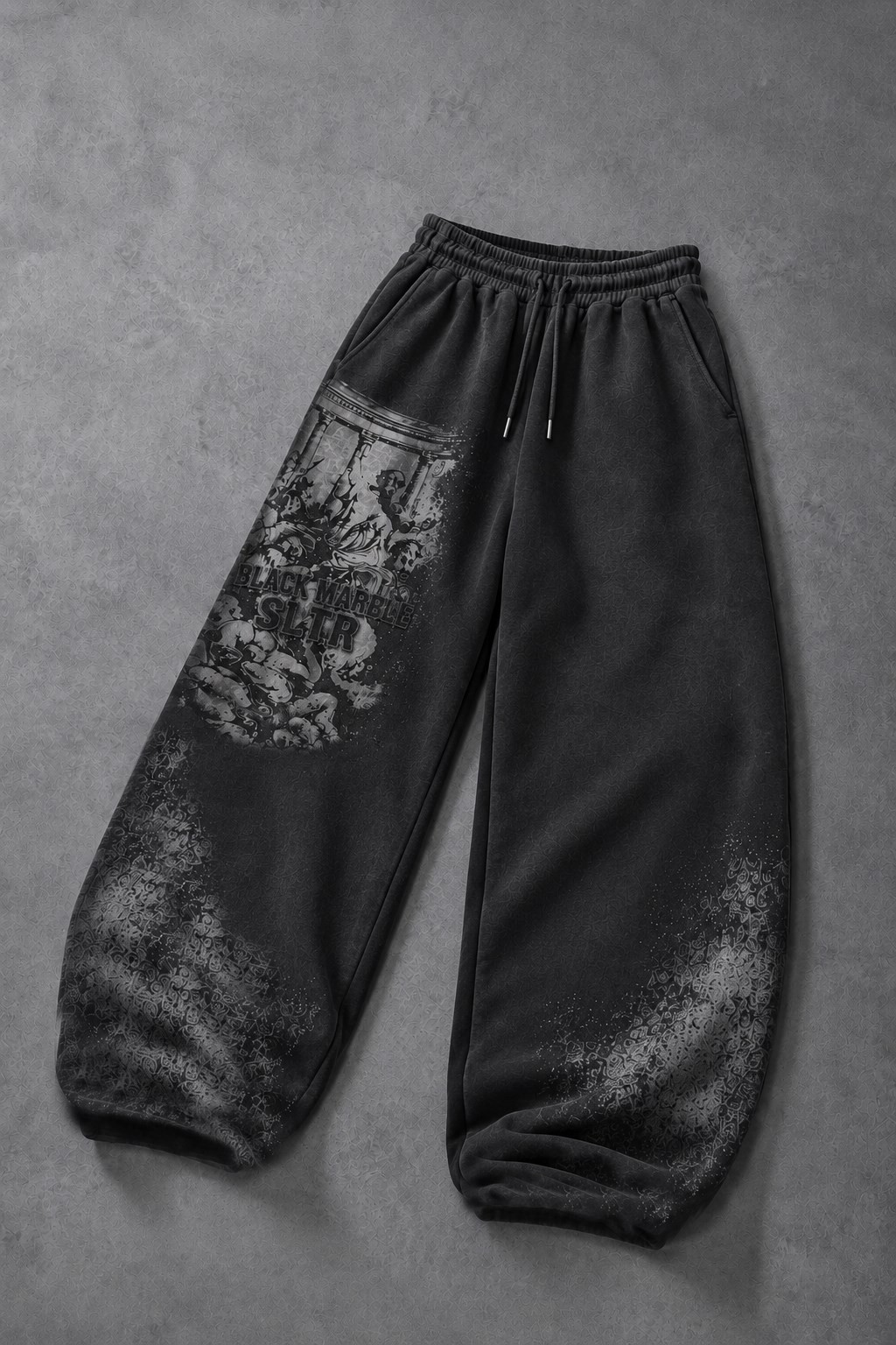 Erkek Siyah Black Marble Özel Yıkamalı Baggy Eşofman