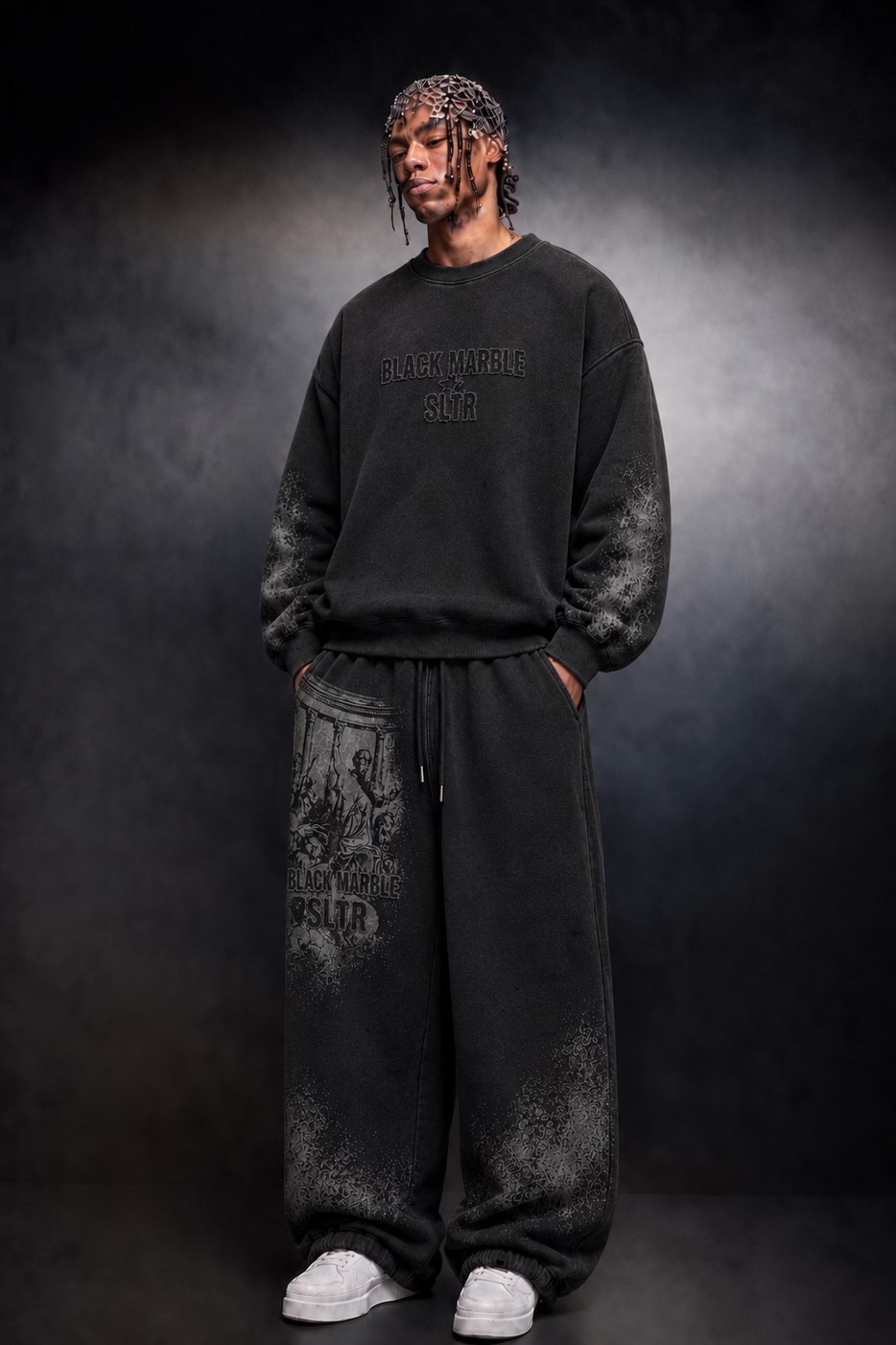 Erkek Siyah Black Marble Özel Yıkamalı Baggy Eşofman