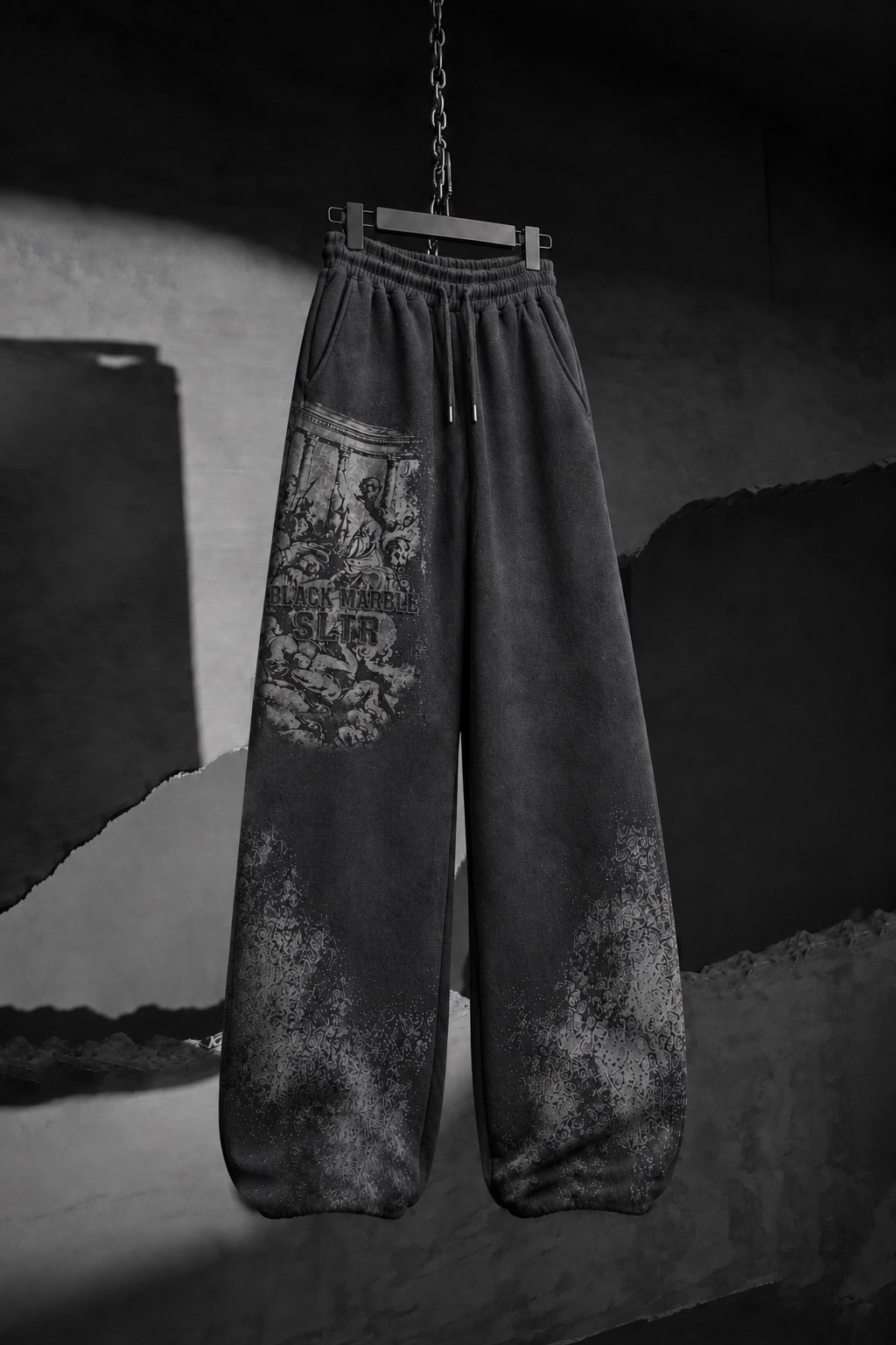 Erkek Siyah Black Marble Özel Yıkamalı Baggy Eşofman