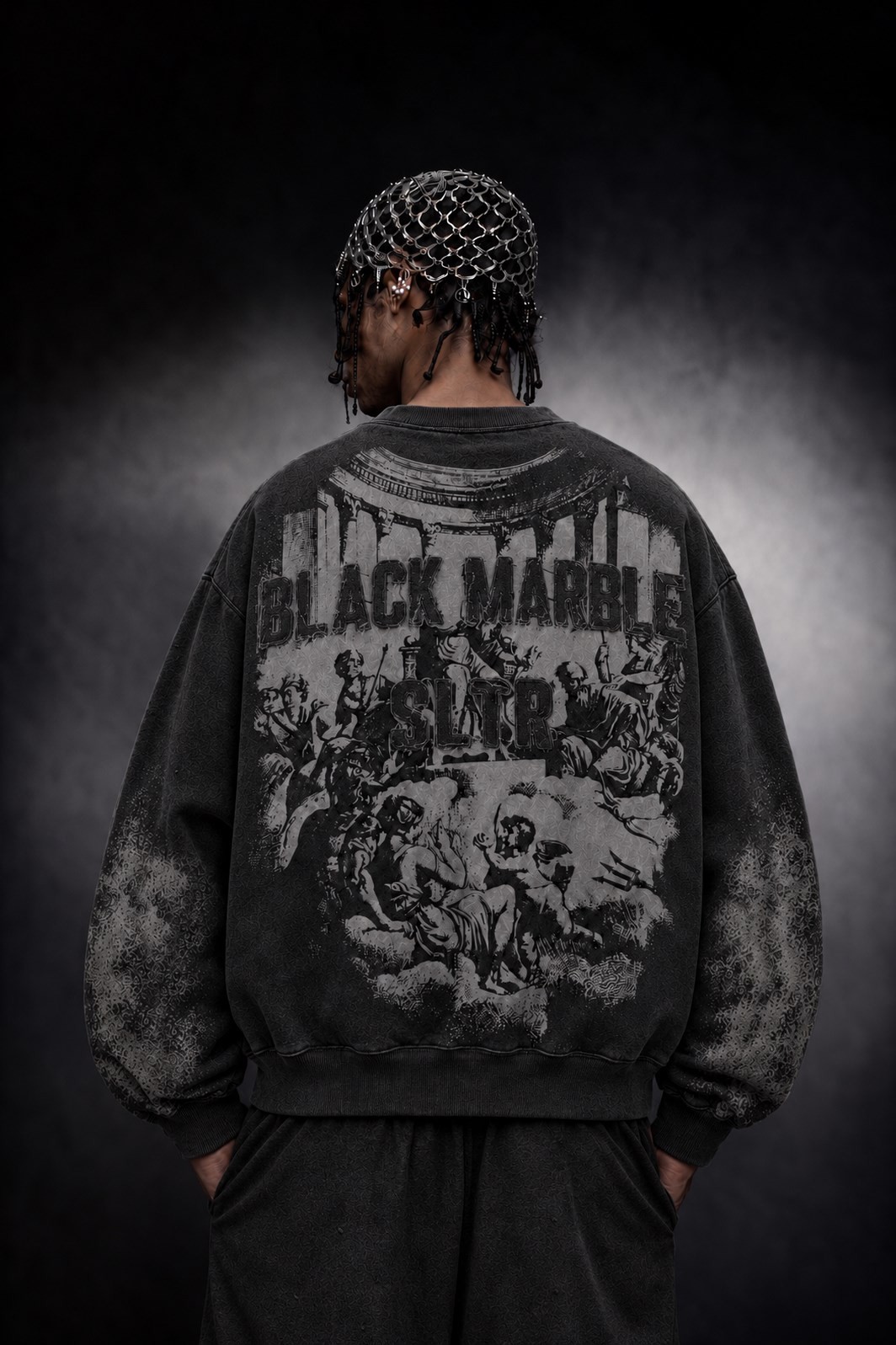 Erkek Siyah Black Marble Özel Yıkamalı Oversize Sweatshirt
