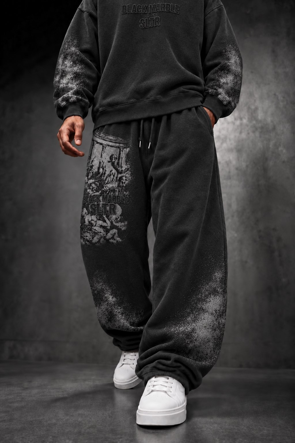 Erkek Siyah Black Marble Özel Yıkamalı Baggy Eşofman