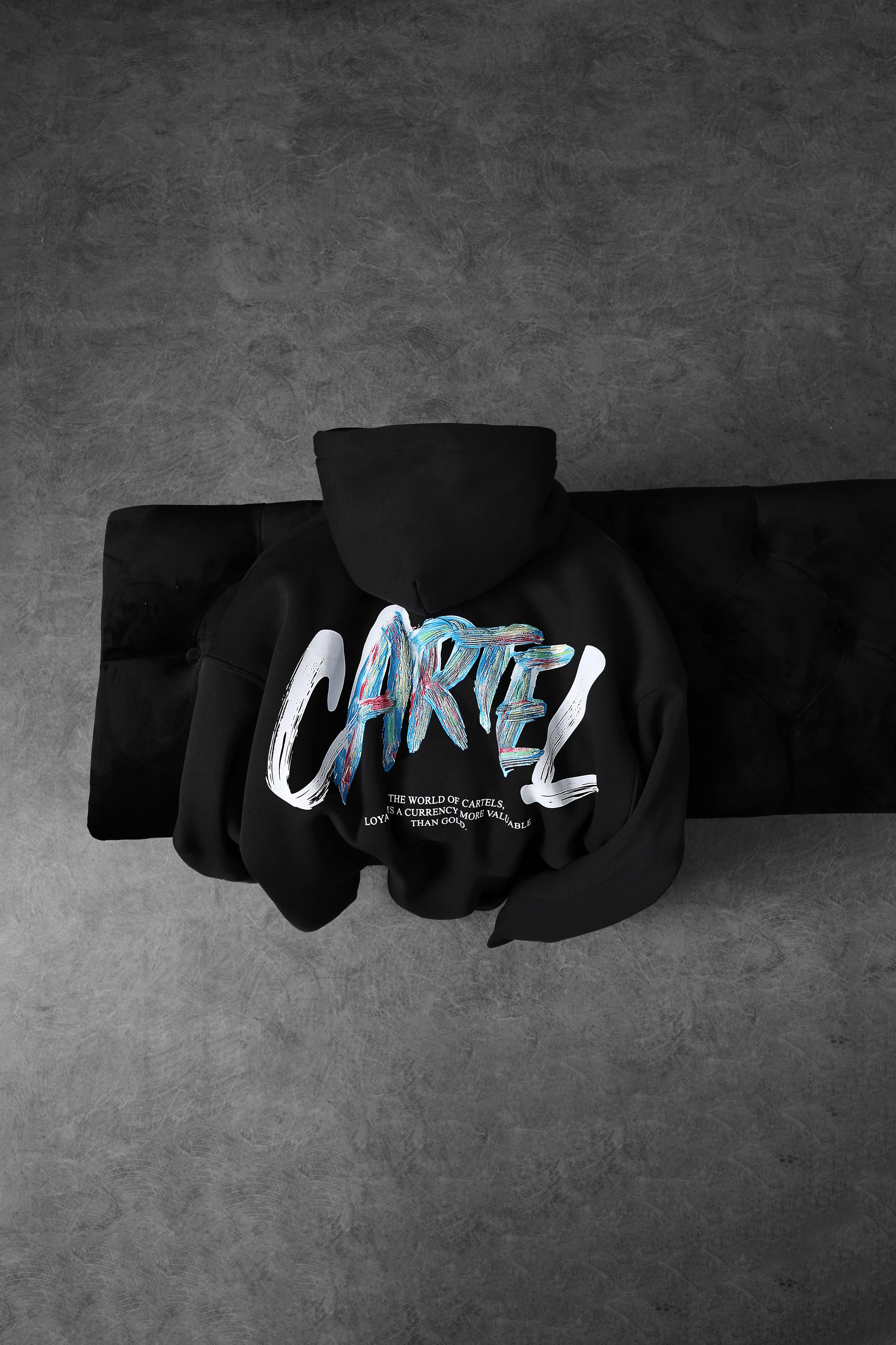 Erkek Siyah Cartel Kabartma Baskılı Kapüşonlu Oversize Sweatshirt