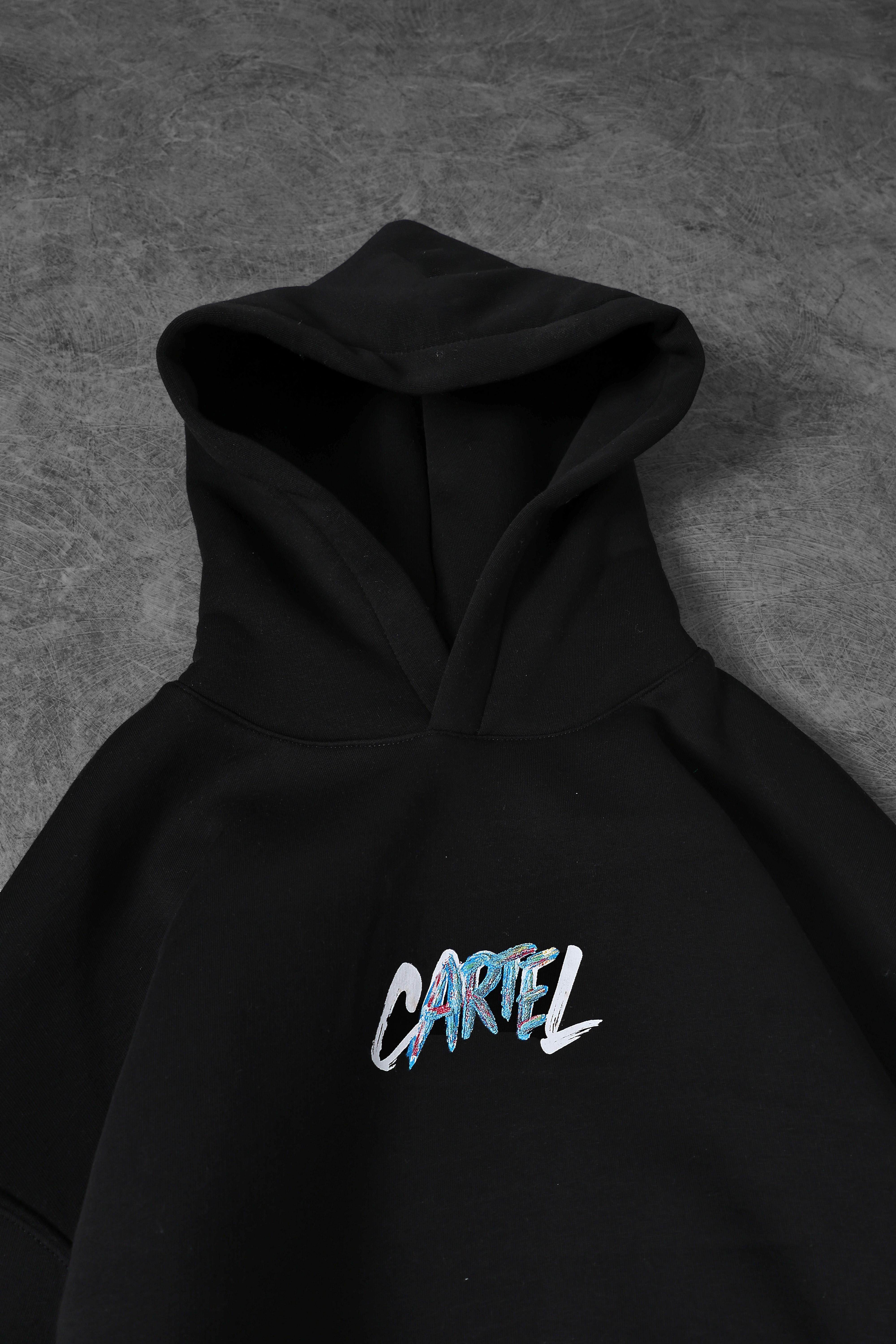 Erkek Siyah Cartel Kabartma Baskılı Kapüşonlu Oversize Sweatshirt