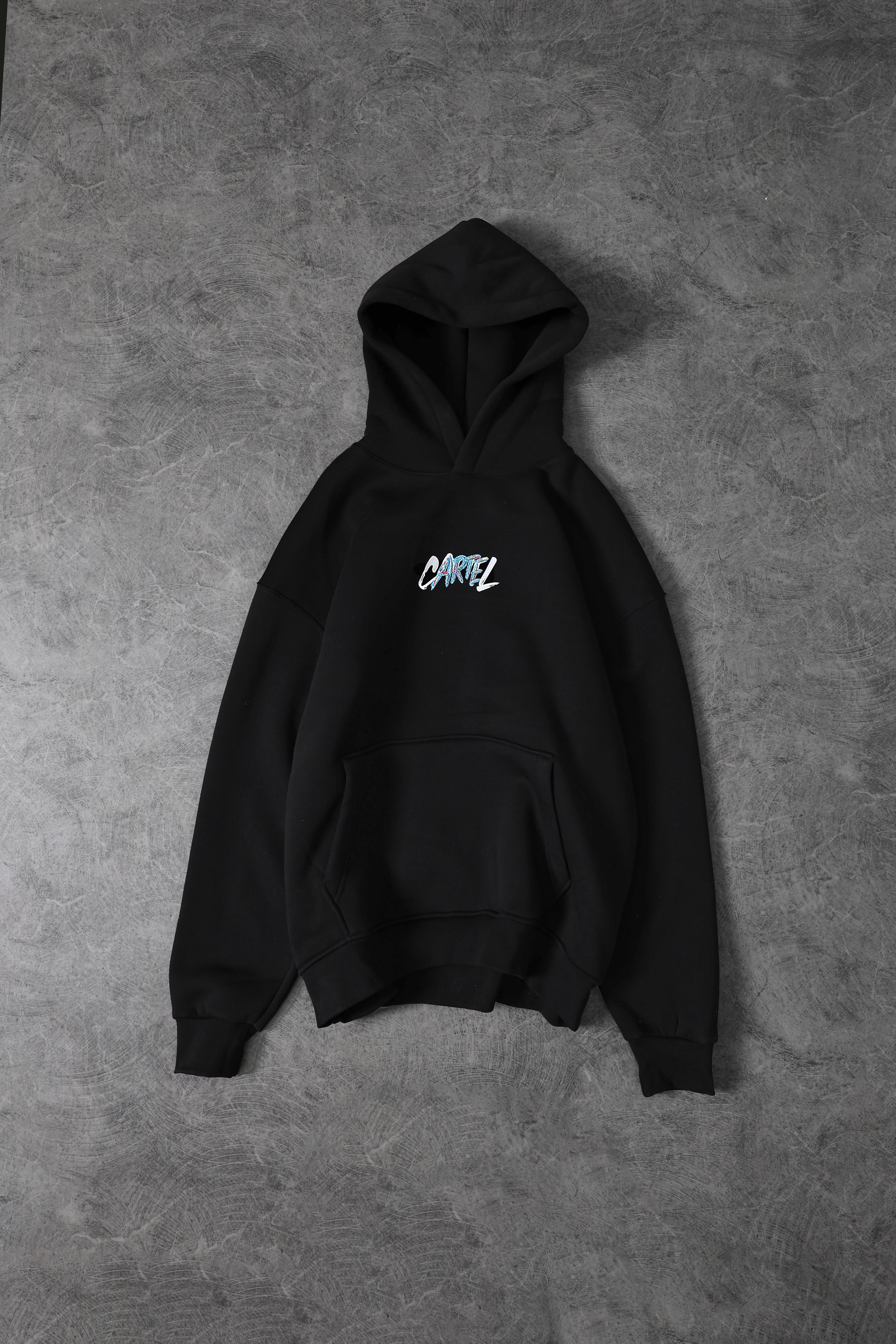 Erkek Siyah Cartel Kabartma Baskılı Kapüşonlu Oversize Sweatshirt