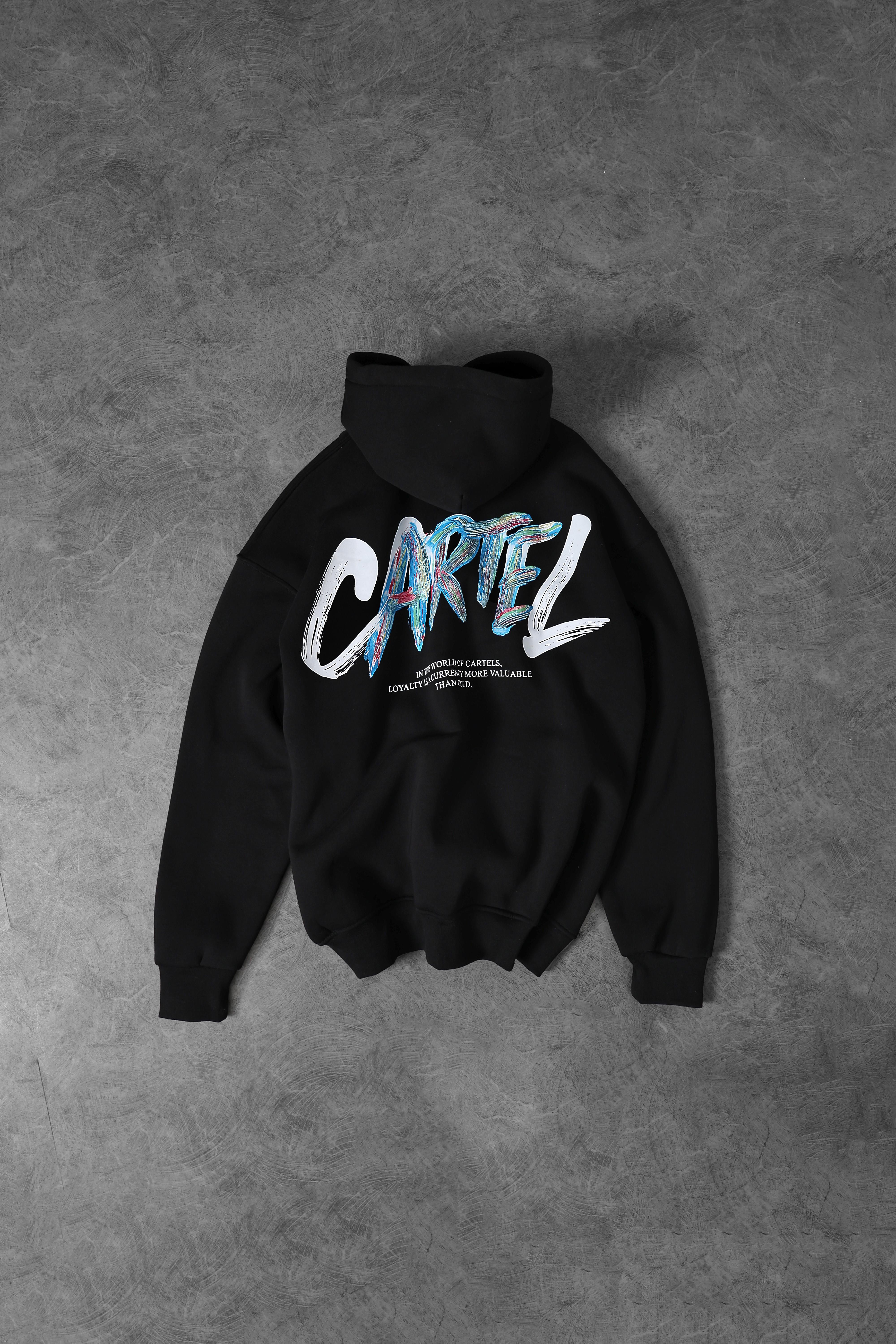 Erkek Siyah Cartel Kabartma Baskılı Kapüşonlu Oversize Sweatshirt