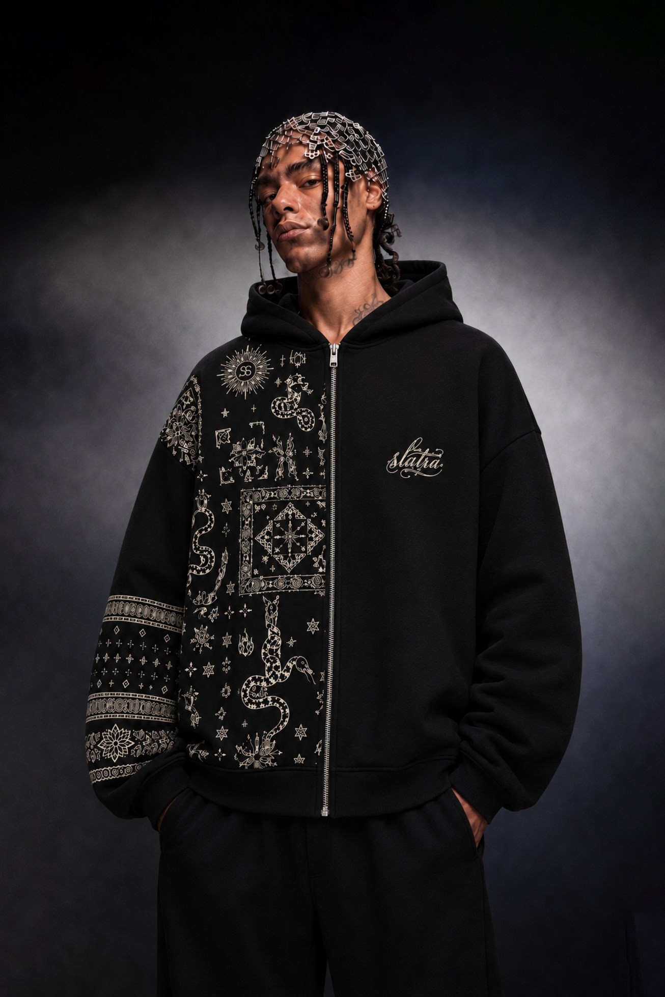 Erkek Siyah Codex Oversize Full Zip Hoodie