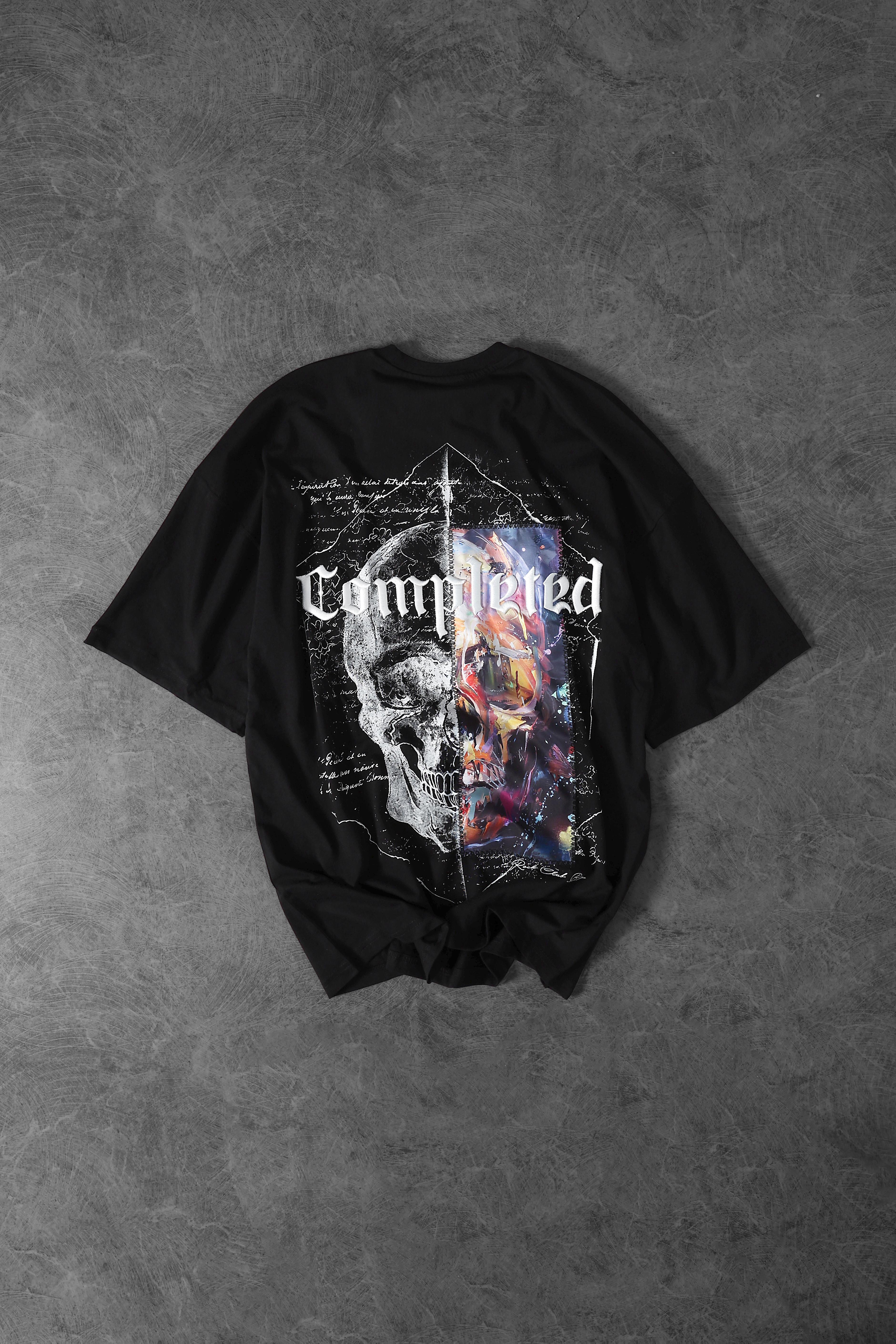 Erkek Siyah Copleted Nakış ve  Patch Ve  Baskılı Oversize Tshirt