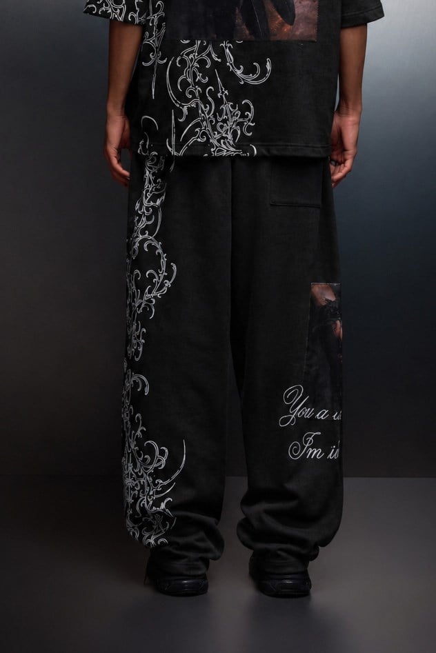 Erkek Siyah Crow Patch Yıkama Efektli Baggy Eşofman