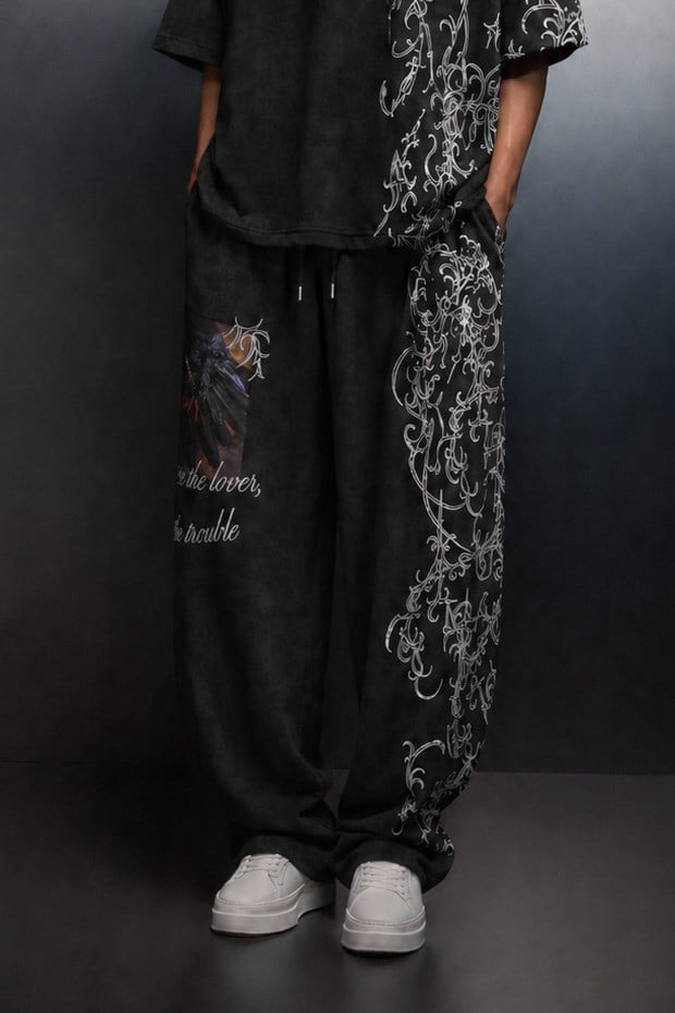 Erkek Siyah Crow Patch Yıkama Efektli Baggy Eşofman