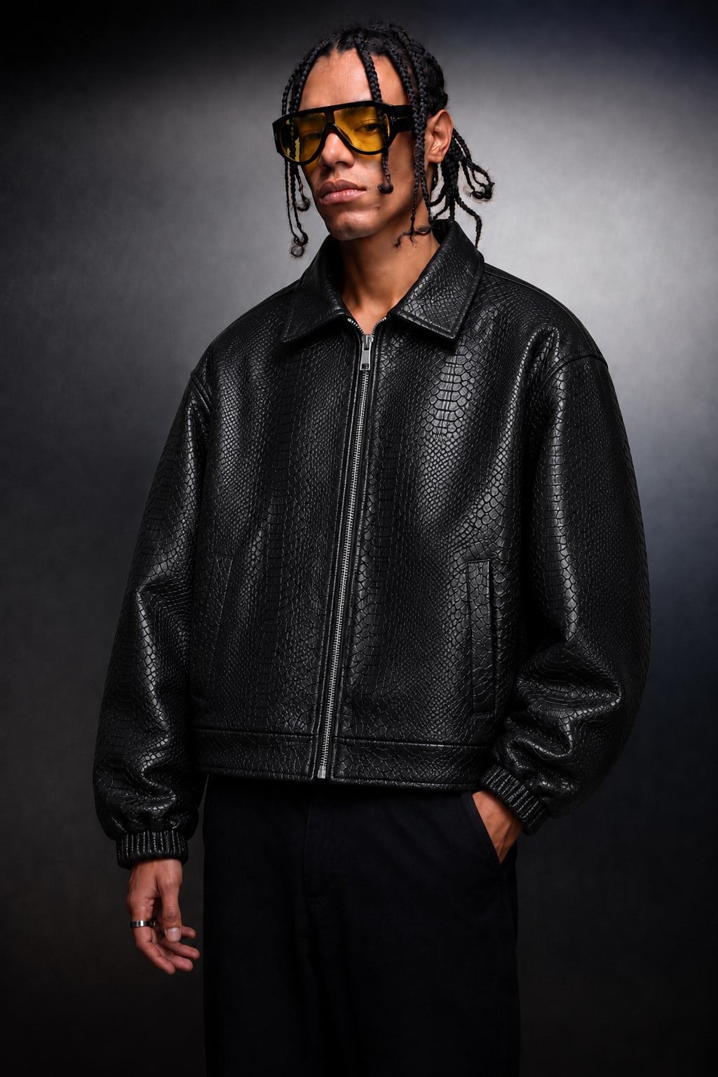 Erkek Siyah Dragon Bomber Deri Ceket