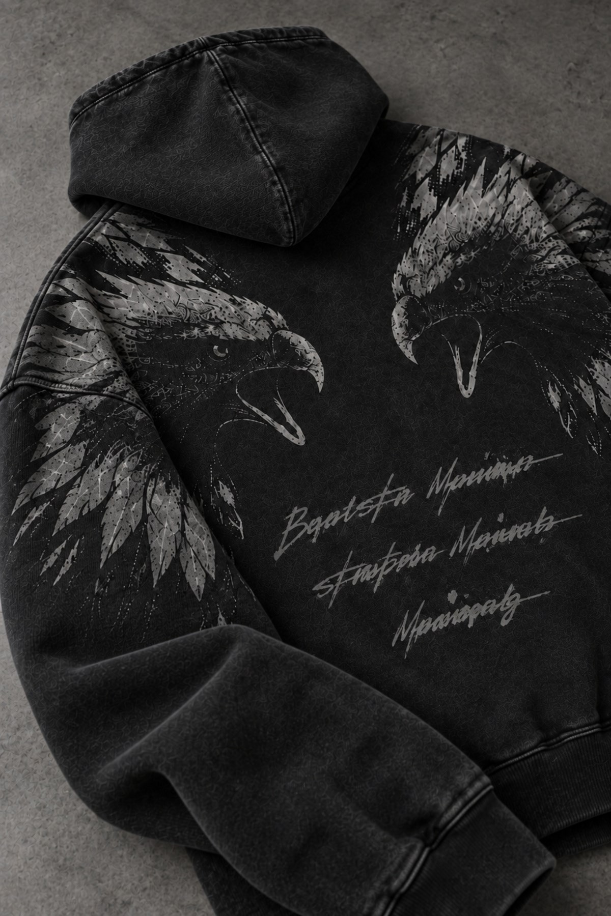 Erkek Siyah Eagle Özel Yıkamalı Oversize Hoodie