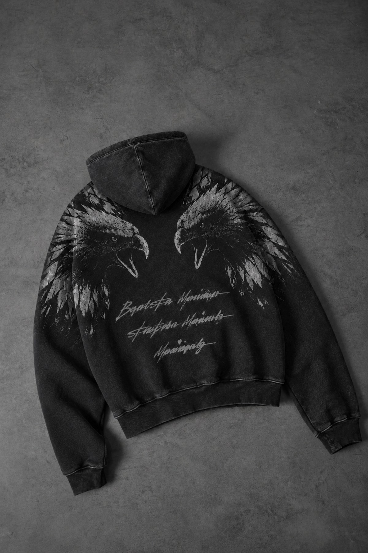 Erkek Siyah Eagle Özel Yıkamalı Oversize Hoodie