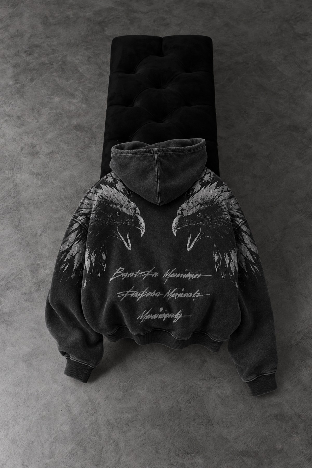Erkek Siyah Eagle Özel Yıkamalı Oversize Hoodie
