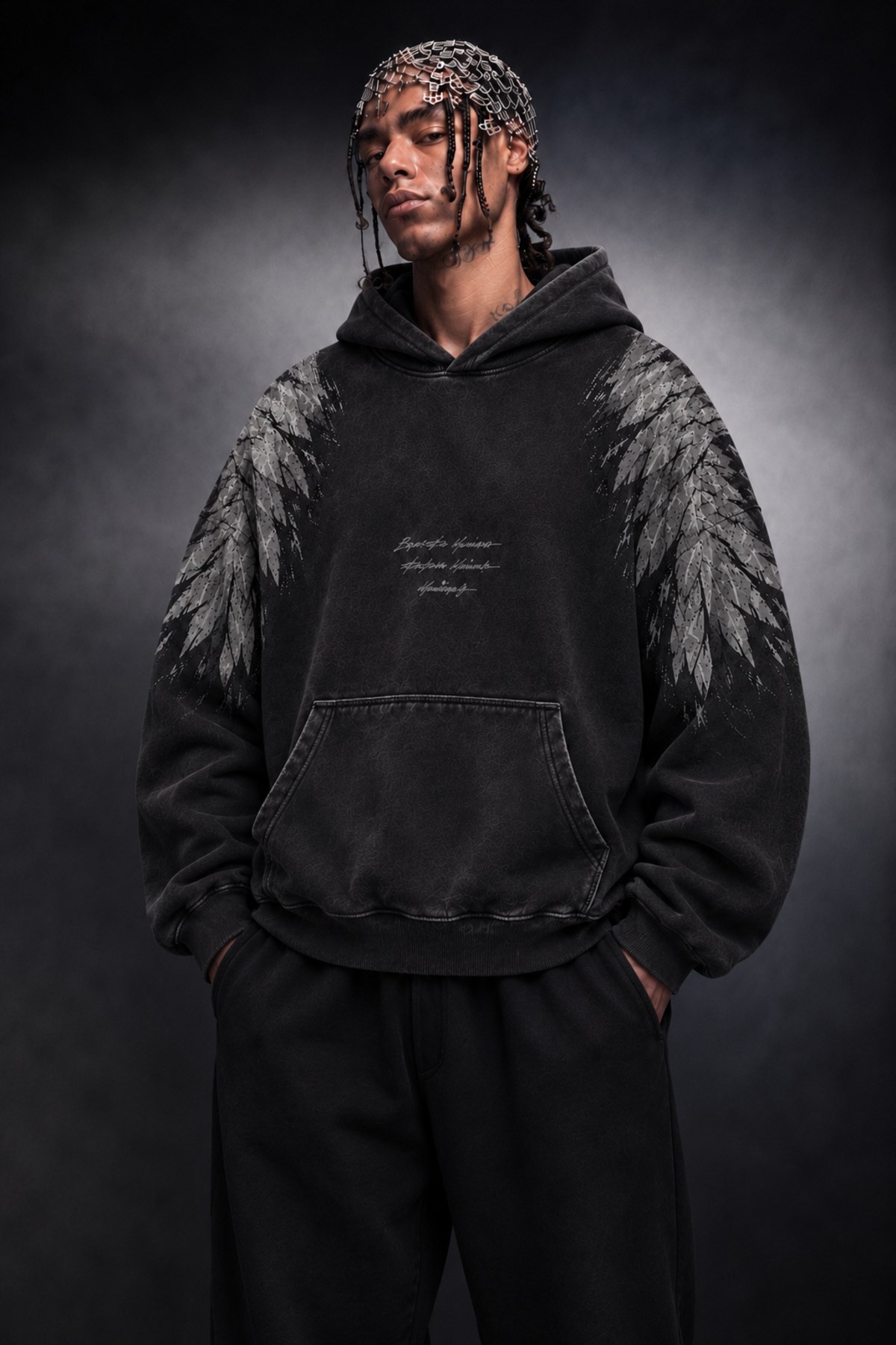 Erkek Siyah Eagle Özel Yıkamalı Oversize Hoodie