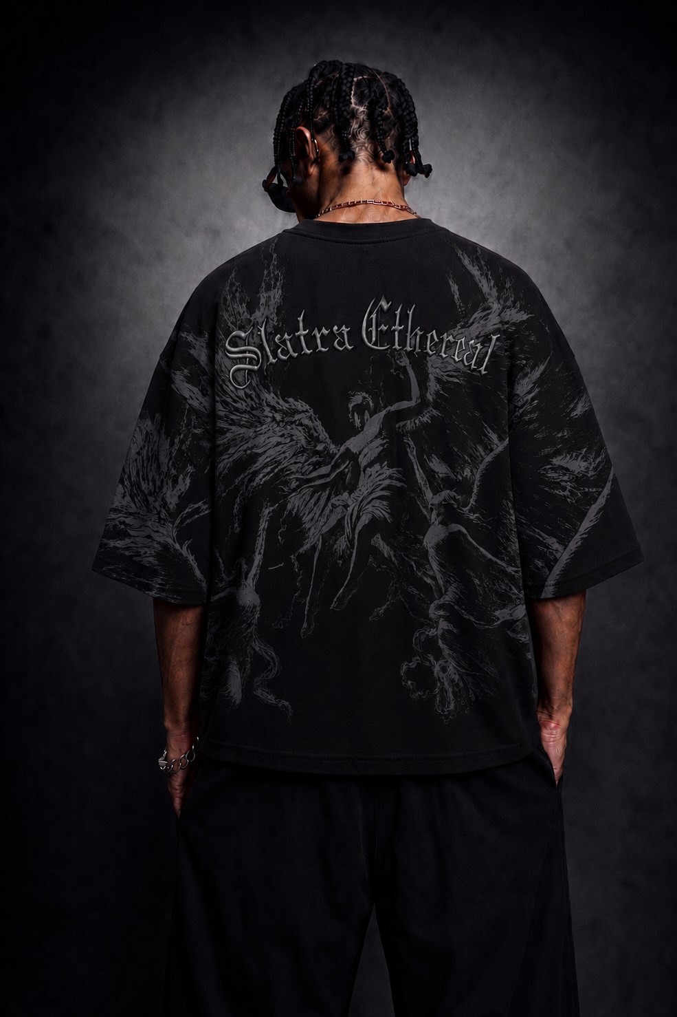 Erkek Siyah Ethereal Nakış Oversize Tshirt