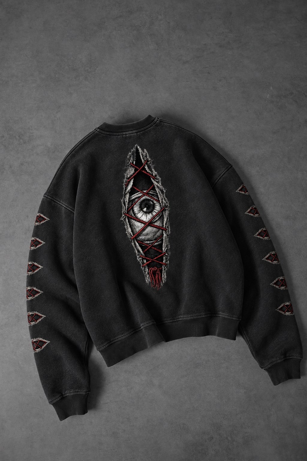 Erkek Siyah Eyes Nakış Özel Yıkamalı Oversize Sweatshirt
