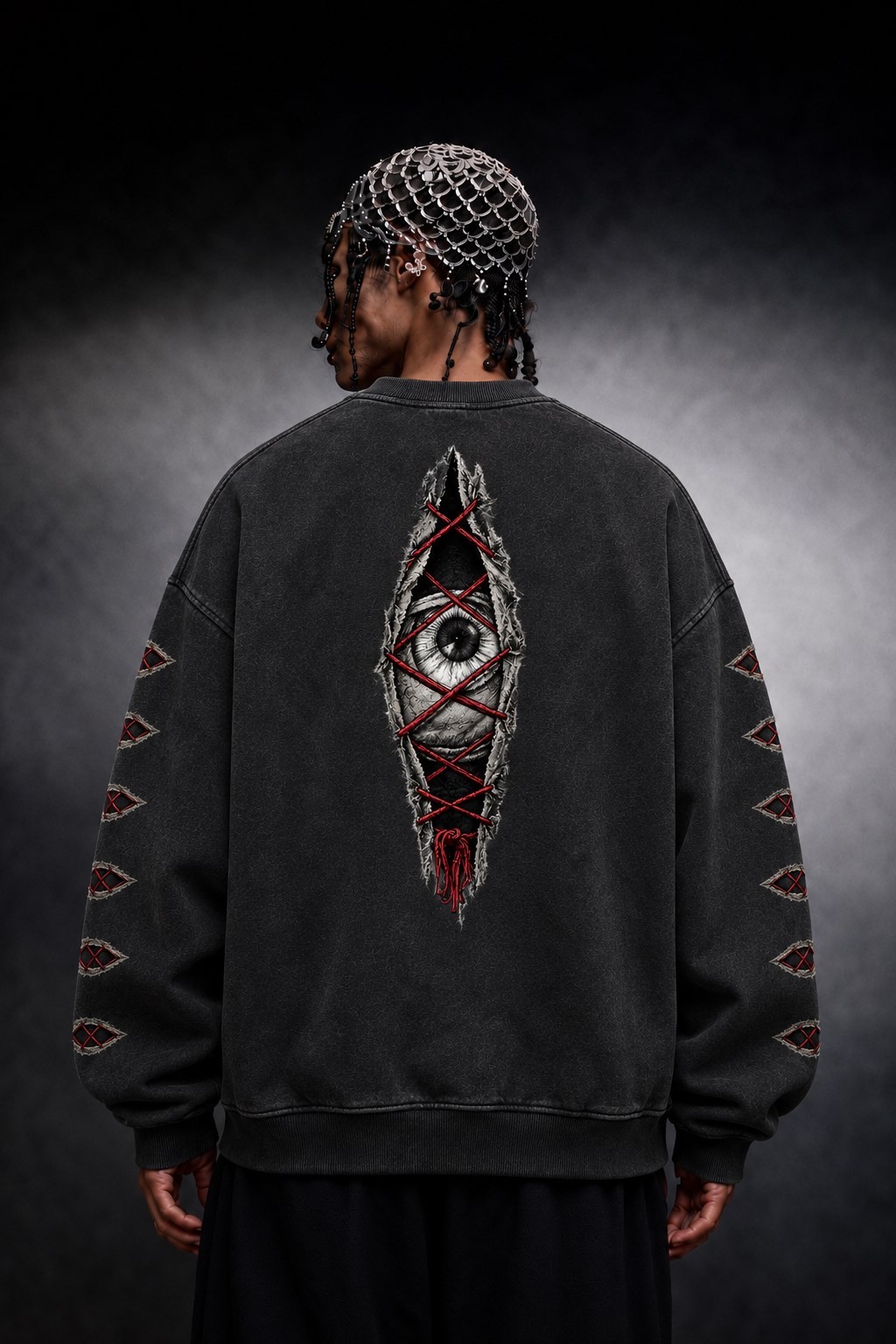 Erkek Siyah Eyes Nakış Özel Yıkamalı Oversize Sweatshirt