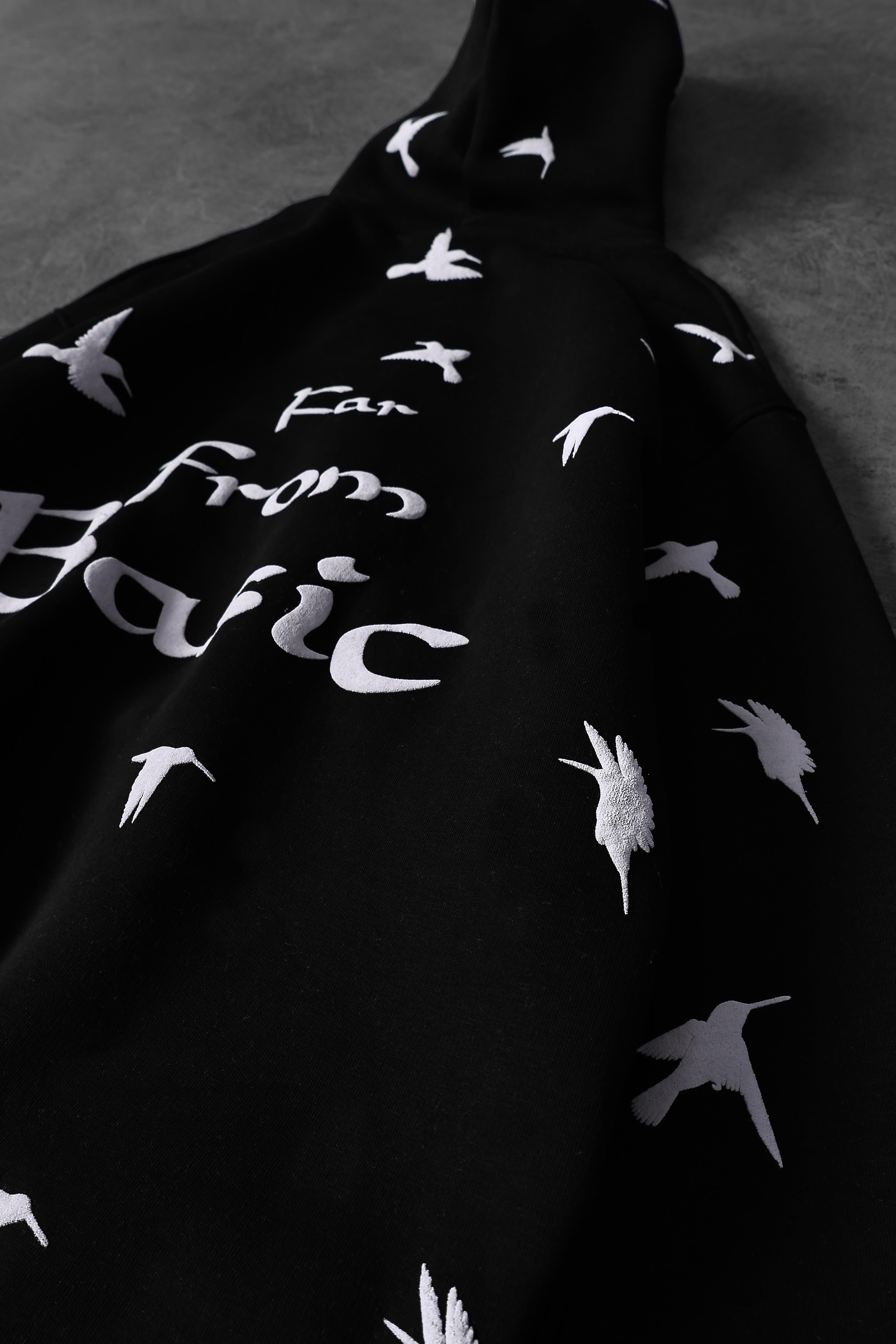 Erkek Siyah Far From Basic Kabartma Baskı Oversize Kapüşonlu Sweatshirt