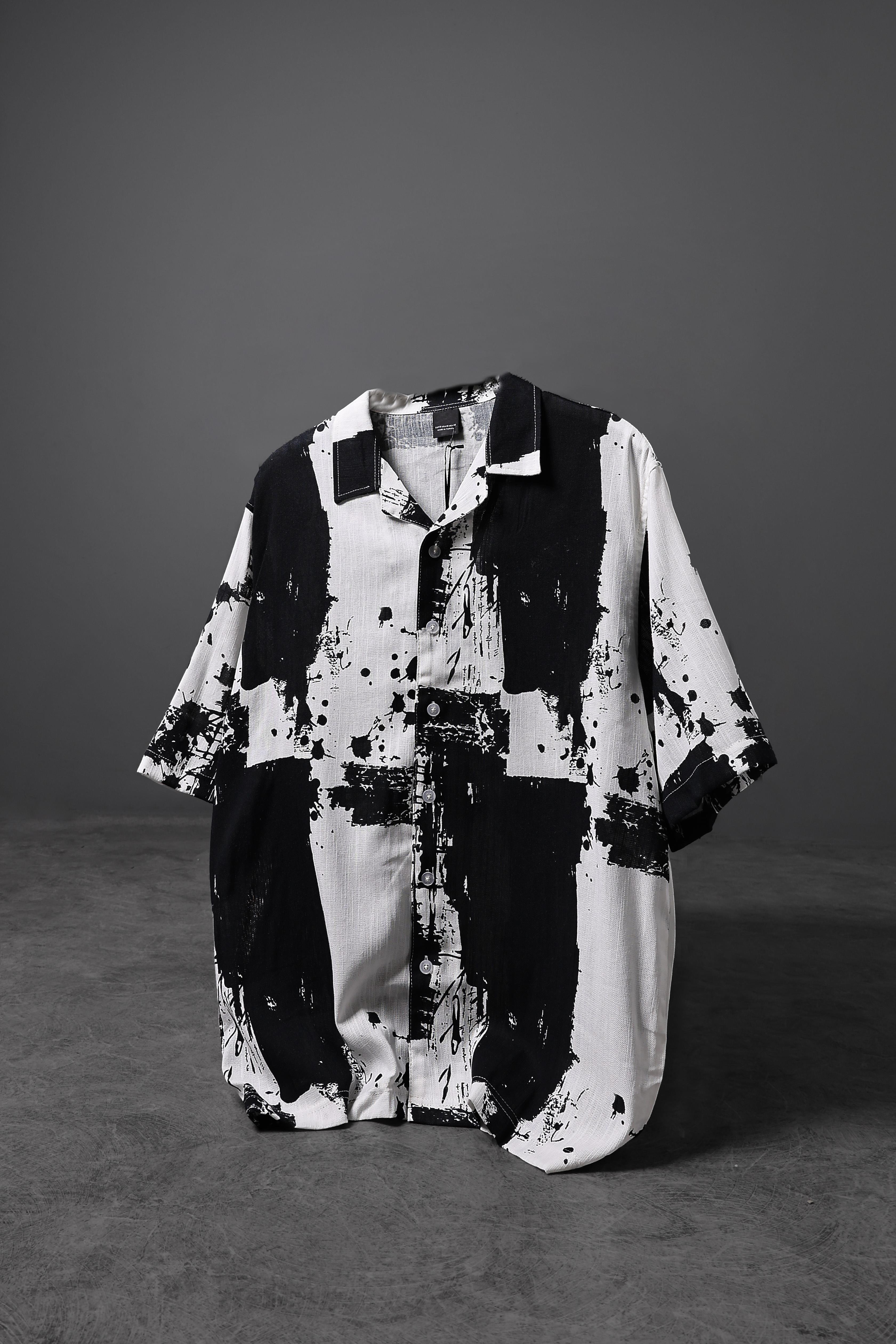 Erkek Siyah Fırça Desen Keten Kumaş Oversize Kısa Kollu Gömlek