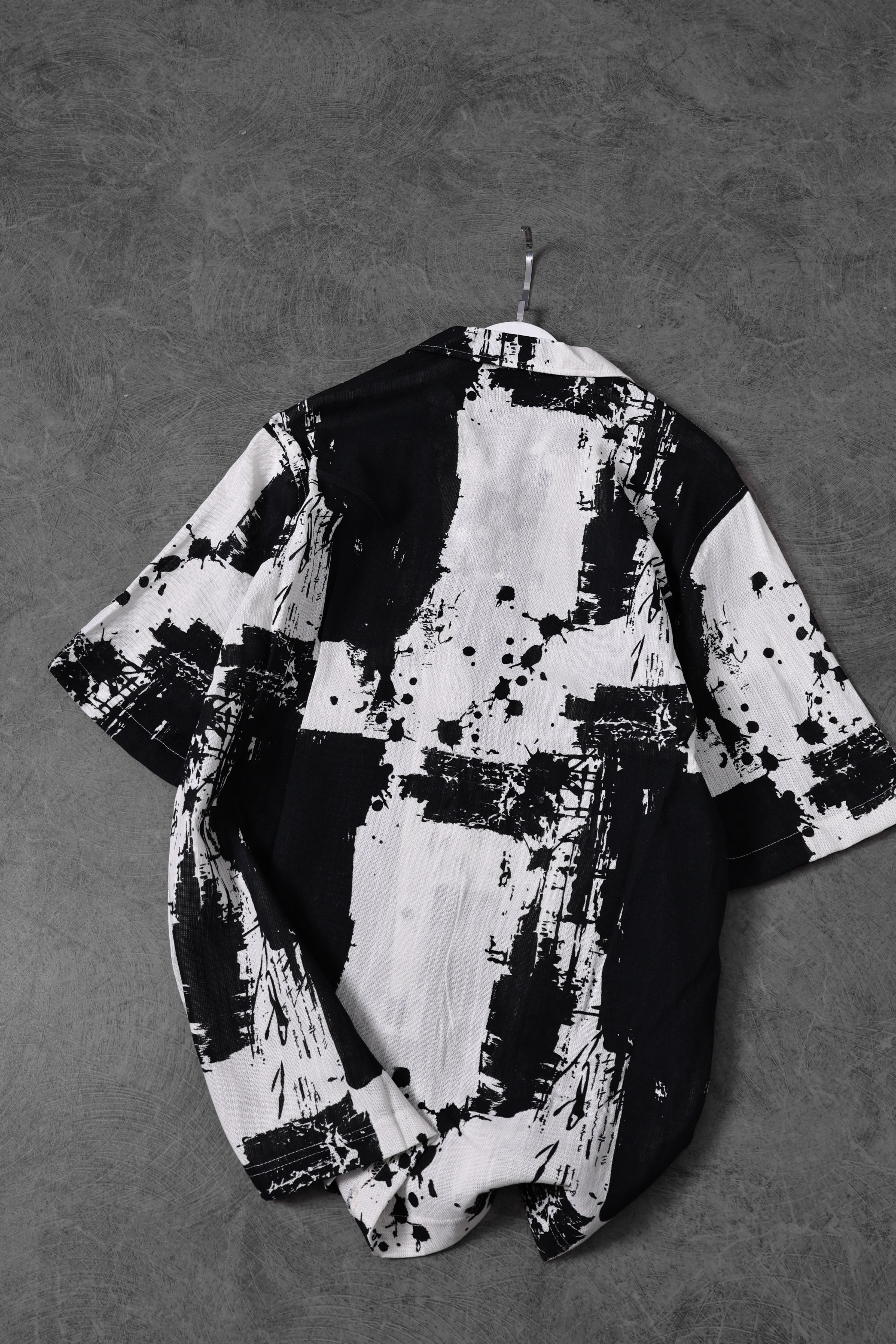 Erkek Siyah Fırça Desen Keten Kumaş Oversize Kısa Kollu Gömlek