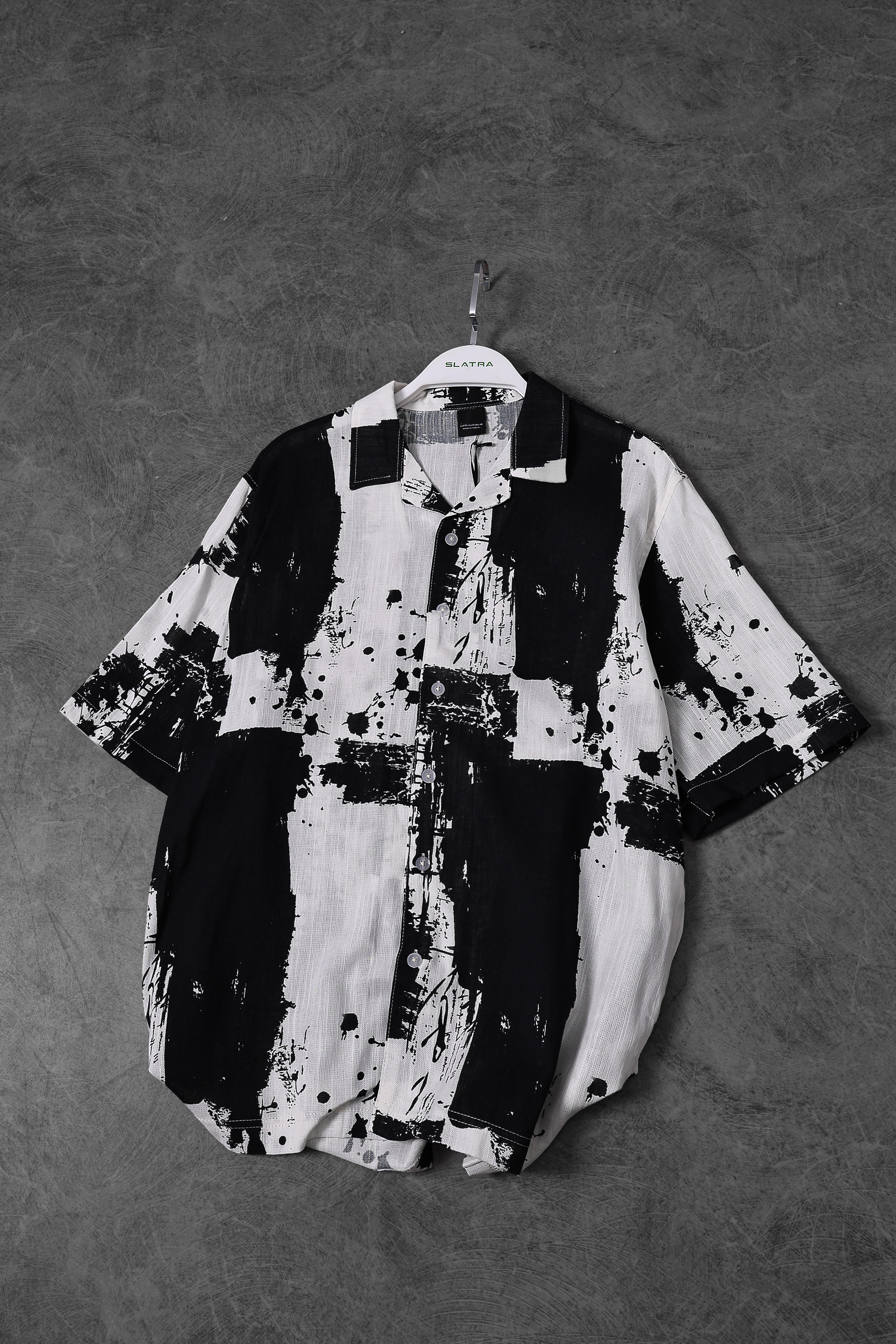 Erkek Siyah Fırça Desen Keten Kumaş Oversize Kısa Kollu Gömlek